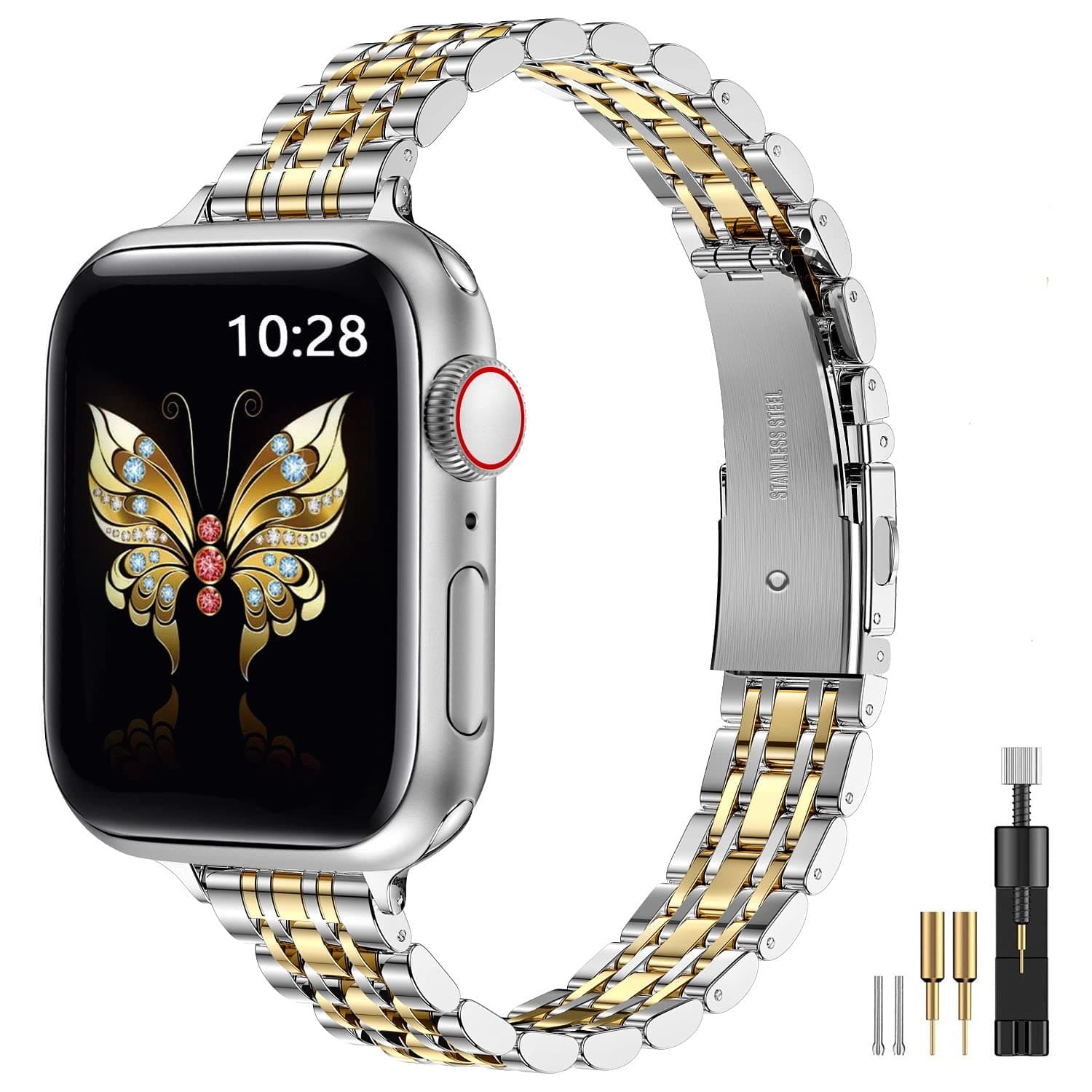 MioHHR Slim Straps Compatible with Apple Watch Strap 38mm 40mm 41mm 42mm(Series 11/10),Thin Stainless Steel Metal Chain Band for Women iWatch Straps Series 9 8 7 6 5 4 3 2 1 SE,Silver/Gold