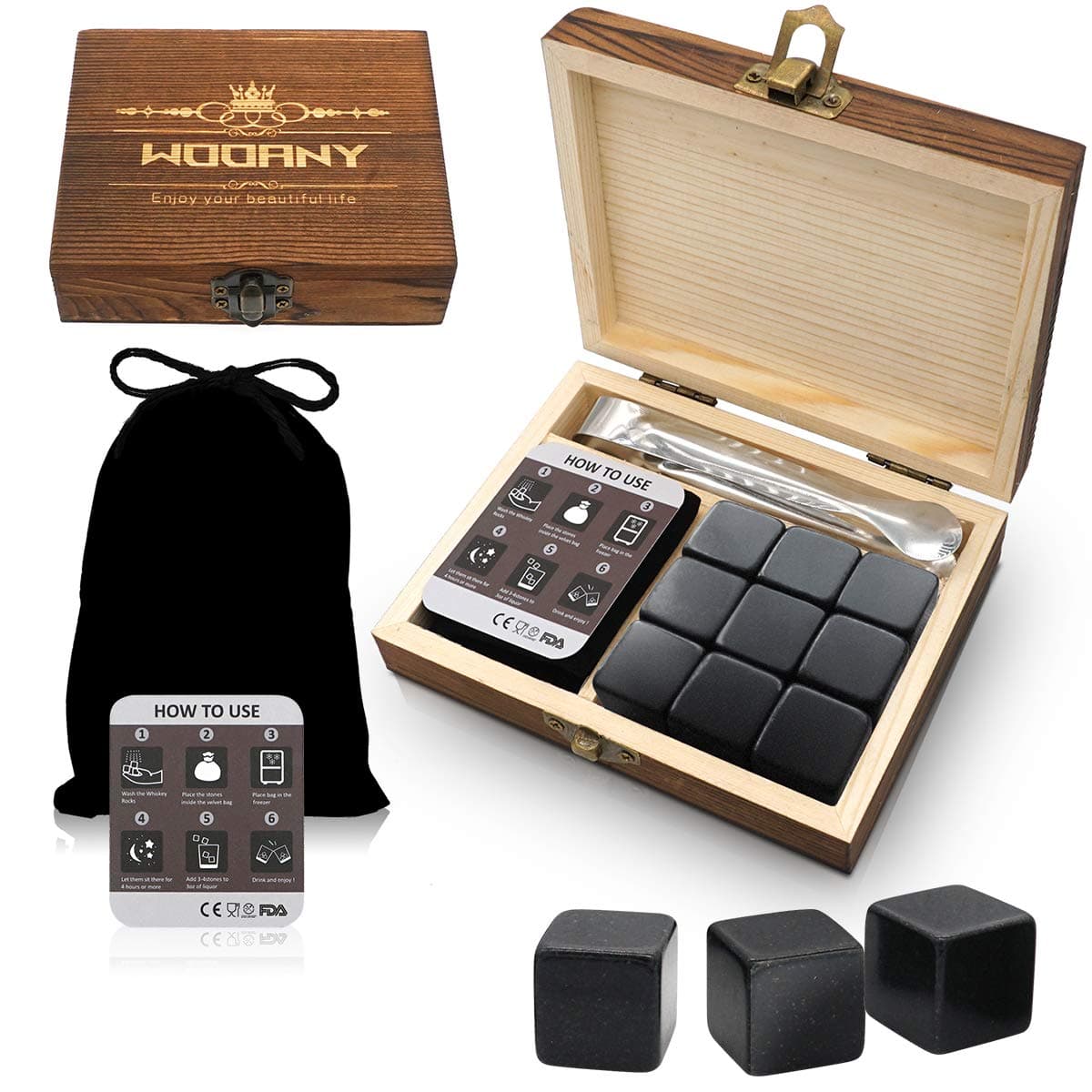 TOPLF Whiskey Stones Premium Set, 9 Granite Whiskey Chilling Stones(Chilling Rocks) - Gift Ideal for Bourbon Scotch Jameson Whiskey Lover With Velvet Pouch and Tong(100% Pure Soapstones)