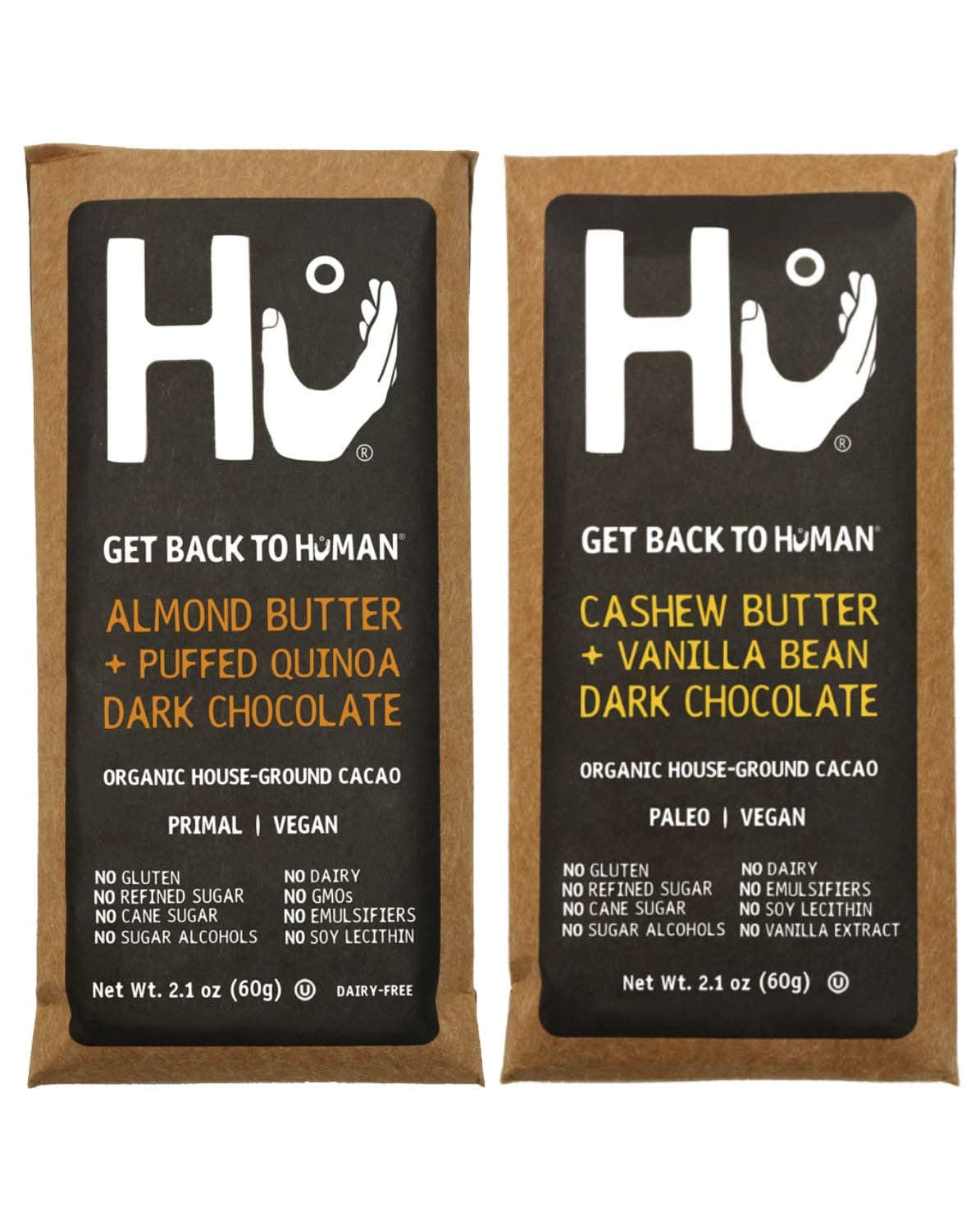 Vegan Chocolate Bars | 2 Pack Almond Butter + Cashew Vanilla | Gluten Free, Paleo, Non GMO, Kosher Dark Chocolate | 2.1oz Each