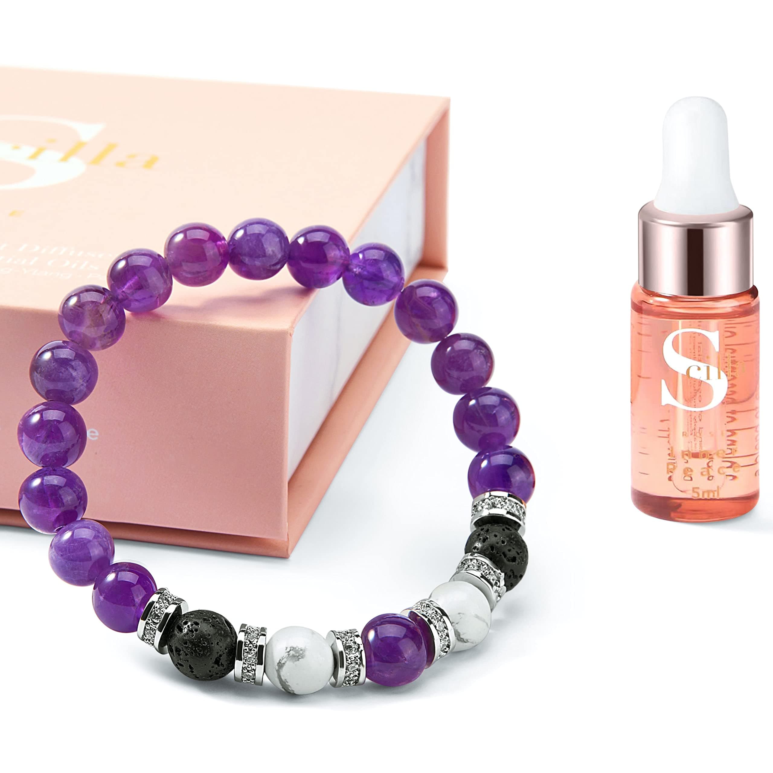 Anxiety Bracelet for Women- Amethyst Crystal Bracelet Aromatherapy Diffuser and Lavender Essential Oils Gift Set- Lava Rocks, Crystal Sleep Oil Diffusers Gifts for Women