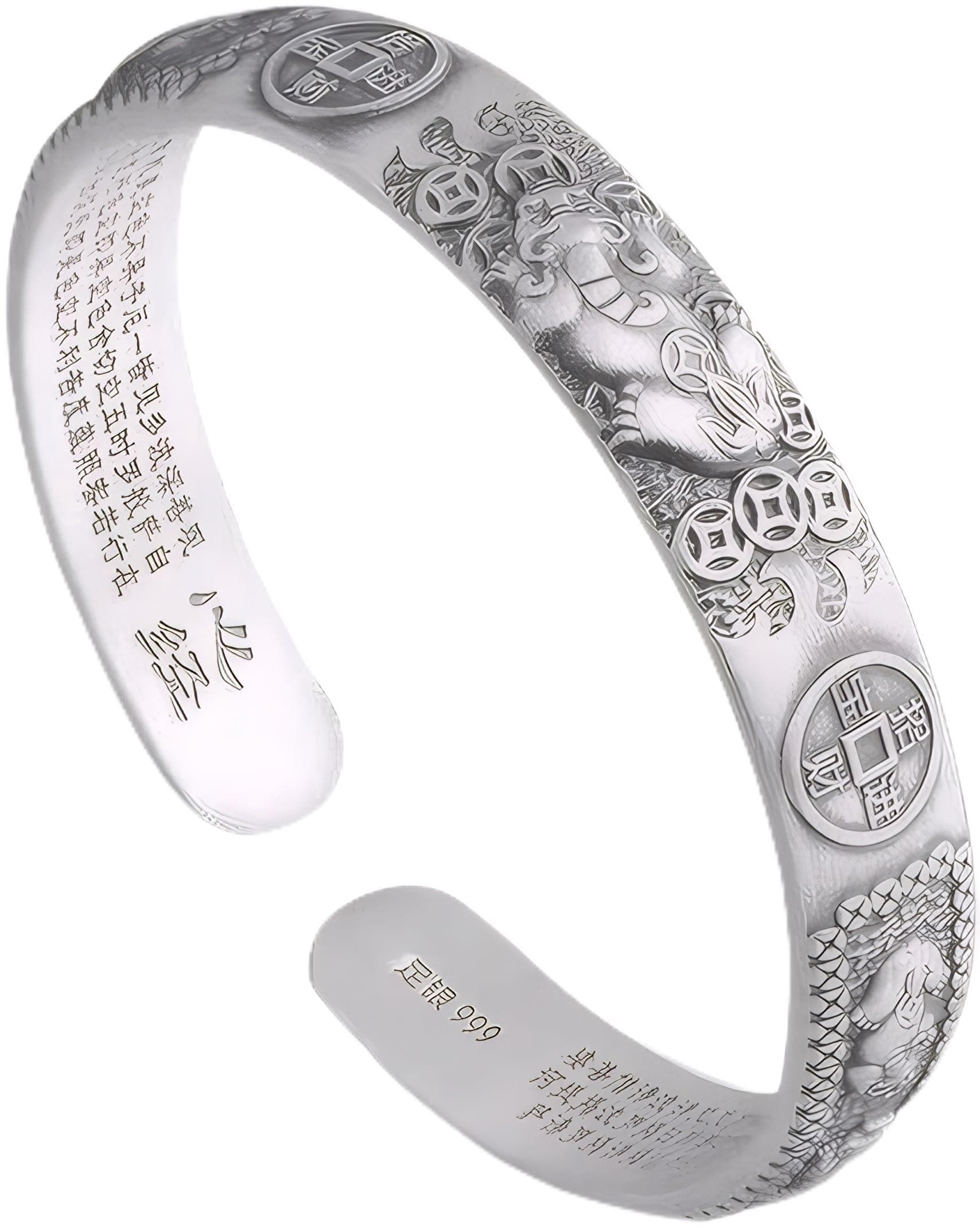 Glowave 999 Sterling Silver Feng Shui Pixiu Bracelet, Adjustable Pi Xiu Mantra Fortune Protection Bangle, Lucky Fengshui Decor for Wealth Luck Happiness Amulet Bracelet for Men Women