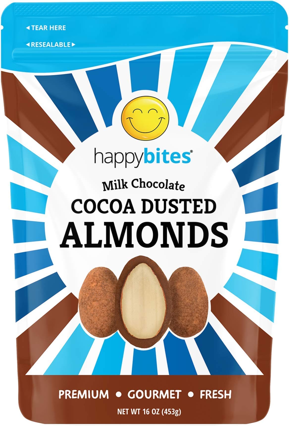 Happy Bites Cocoa Dusted Chocolate Covered Almonds - Pure Milk Chocolate - Resealable Pouch Bag (1 Pound)