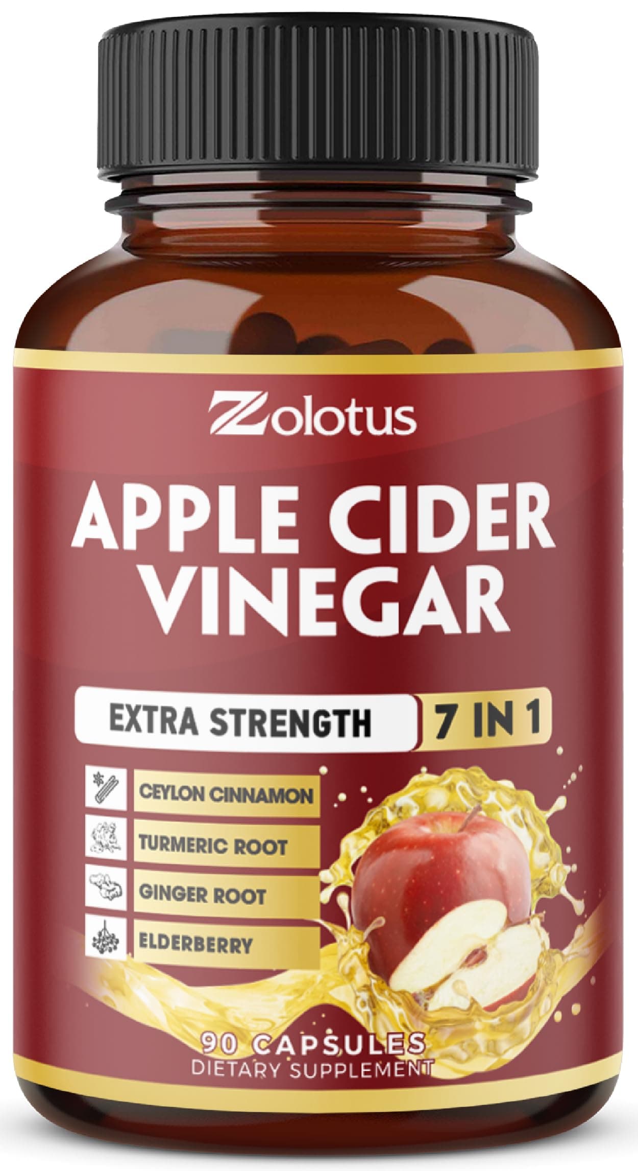 Zolotus 7 in 1 Apple Cider Vinegar Capsules, 3 Month Supply with Ceylon Cinnamon, Ginger Root, Turmeric, Elderberry for Supports Digestion, Immune, 90 Capsules
