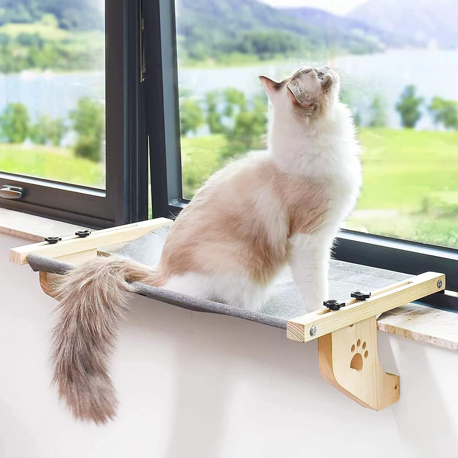 Cat Sill Window Sturdy Cat Window Hammock with Wood & Metal Frame for Large Cats, Easy to Adjust and Assemble Cat Bed for Windowsill, Bedside, Drawer and Cabinet