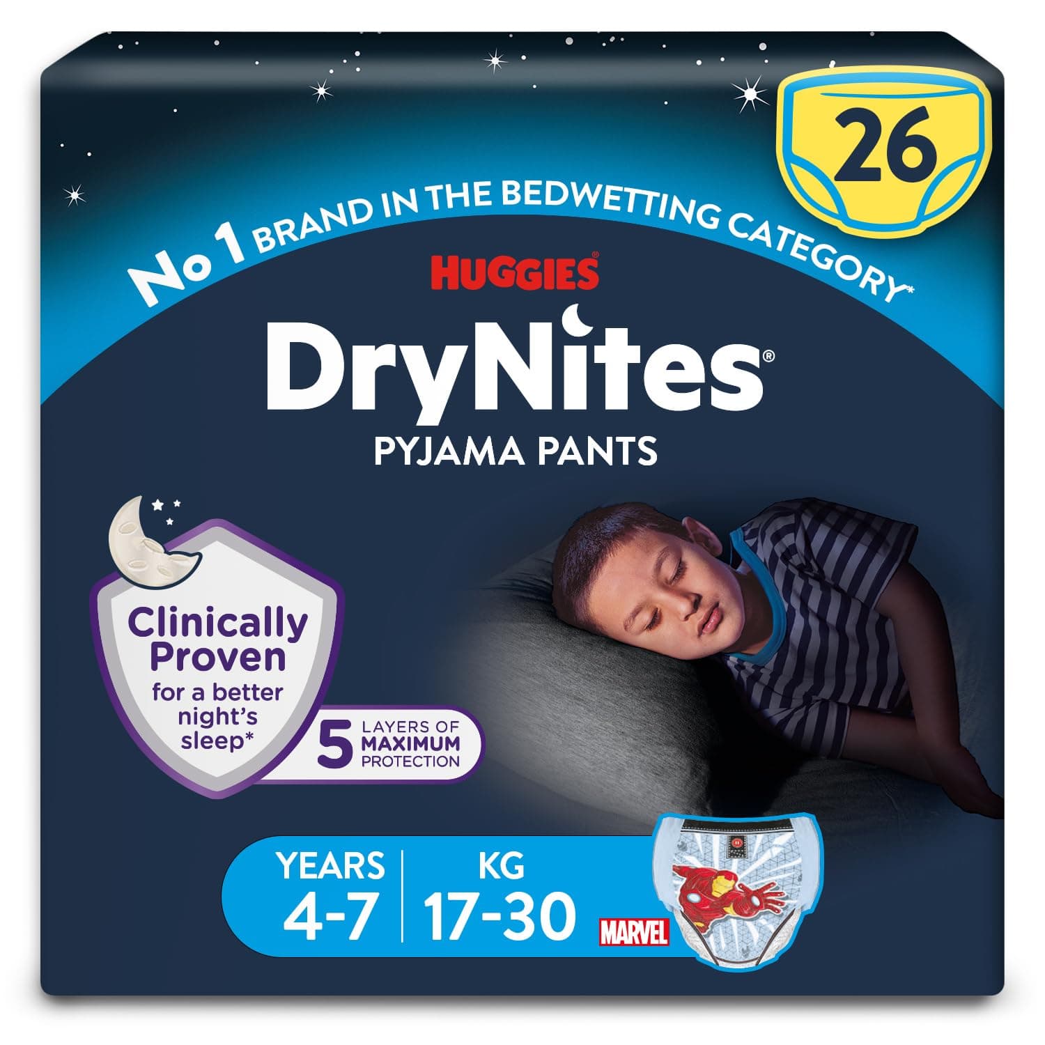 DryNites® Bedwetting Pyjama Nappy Pants, Boy Age 4-7 (17-30 kg), MEGA PACK - 26 Pants