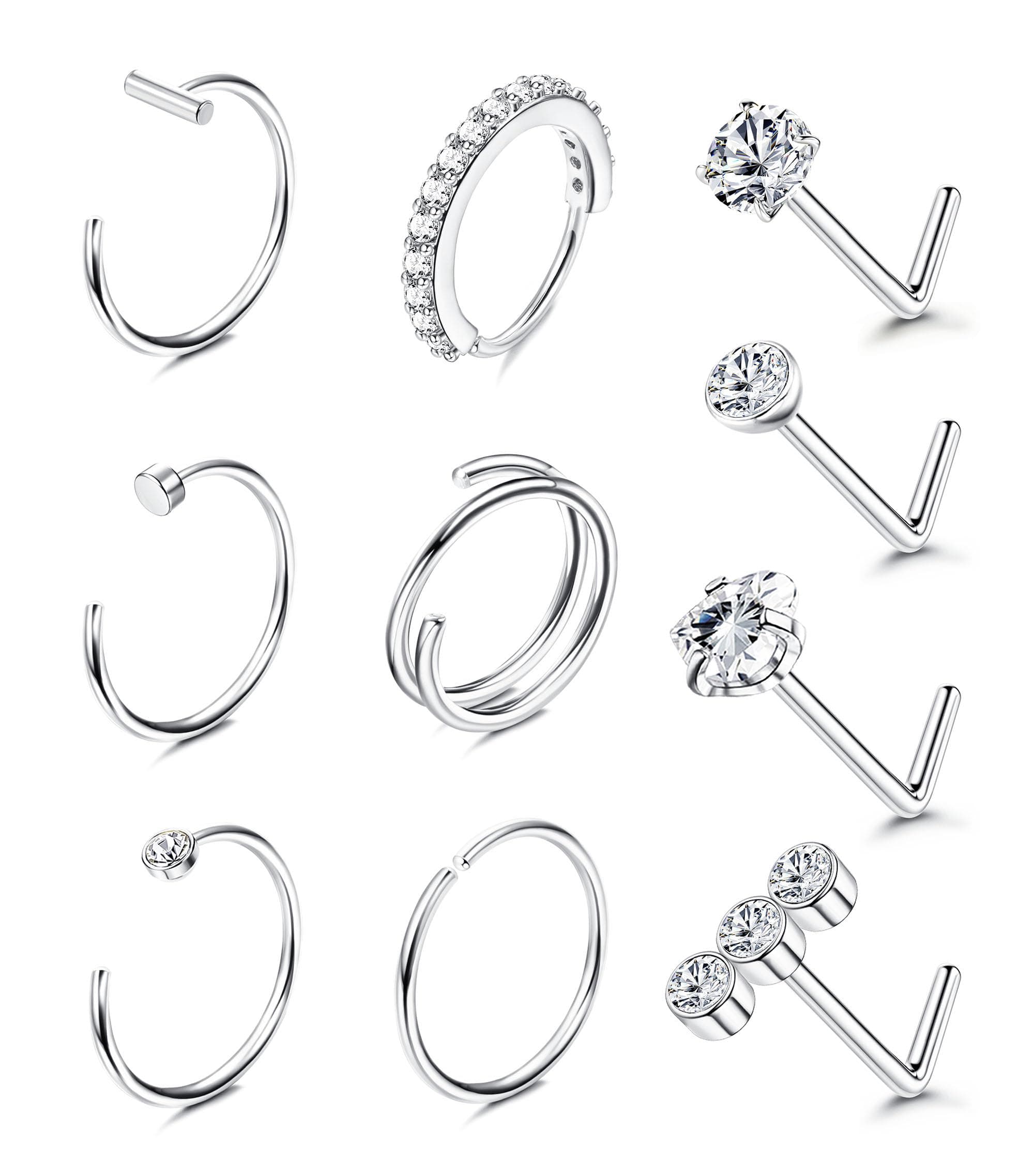 BESTEEL 14K Gold Filled Nose Ring Studs 20G Nose Rings Hoops Stud 316L Stainless Steel Nose Rings Round CZ Heart Simulated Diamond L Shaped Nose Stud Hypoallergenic Nostril Piercing Jewelry for Women