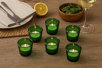 Pure Source India Green Glass Votive Candle Holders, Tealight Candle Holder for Wedding Home Table Centrepiece Decorations (6pcs)