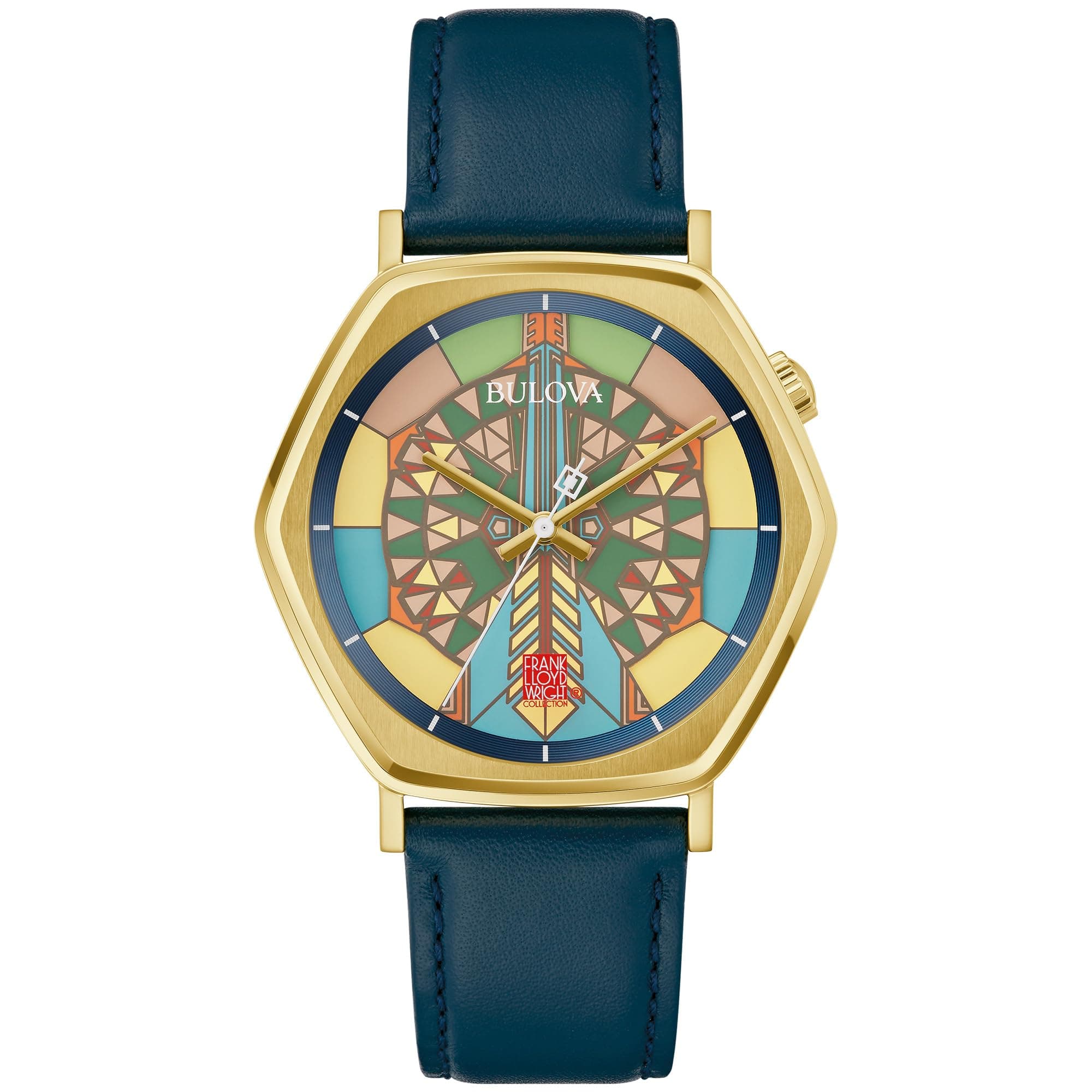 Bulova Men's Frank Lloyd Wright Limited Edition 'Imperial Hotel' Gold Stainless Steel 3 Hand Watch, Blue Leather Strap, and Mosaic Multi-Colored Dial (Model:97A177)