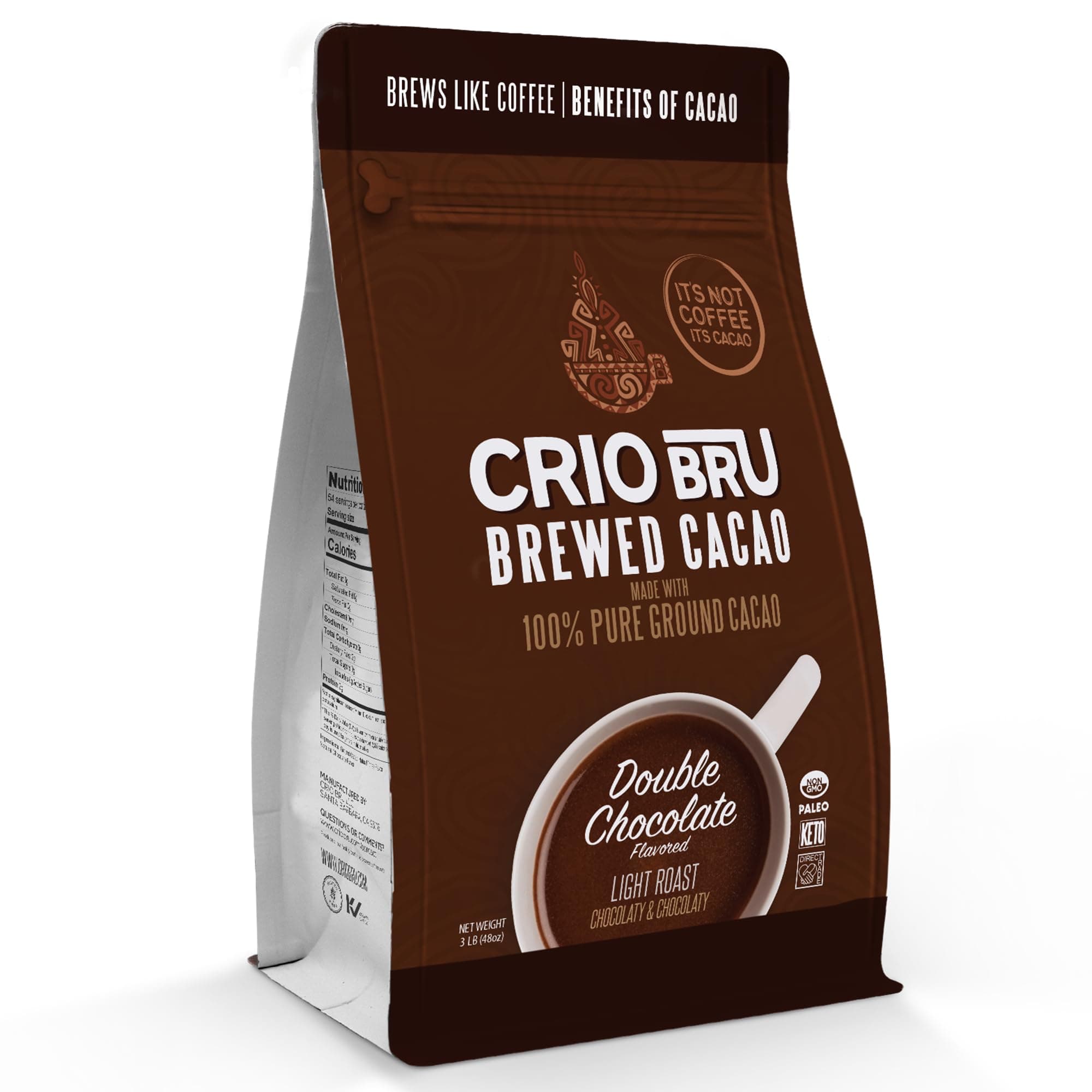 Crio Bru Brewed Cacao Double Chocolate Light Roast - Coffee Alternative Natural Healthy Drink | 100% Pure Ground Cacao Beans | 99.99% Caffeine Free, Keto, Low Carb, Paleo, Brew And Enjoy Hot or Iced (48oz)