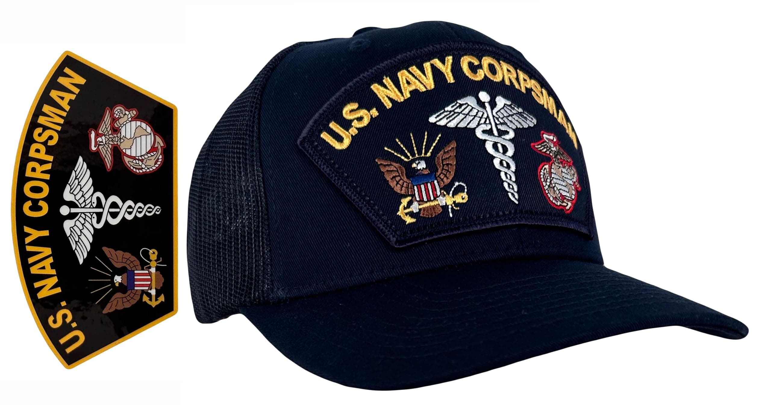 HawkinsMILITARY MERCHANTS Navy Corpsman Hat Mesh Back Dark Blue + Free Sticker