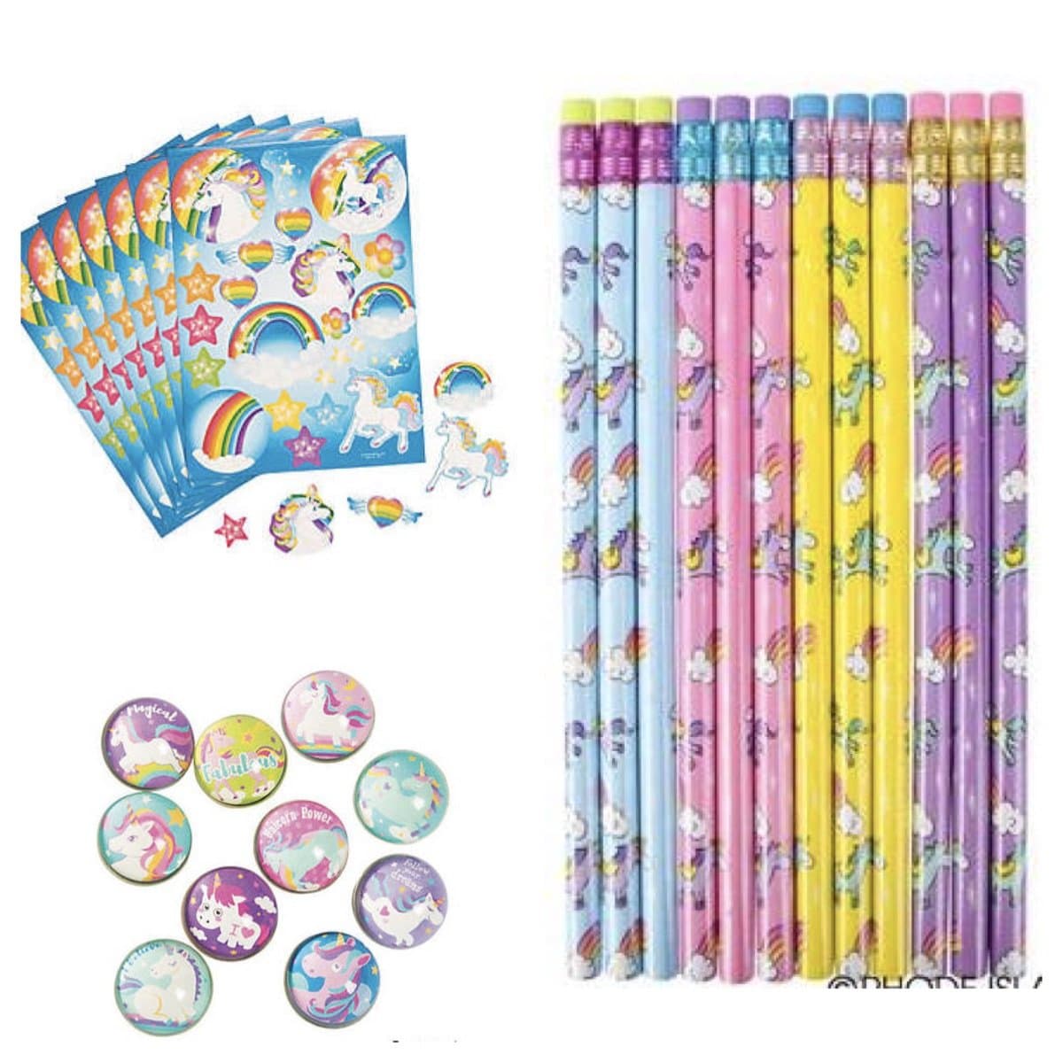36 UNICORN Birthday Party FAVORS - 12 Ea; PENCILS - Sticker Sheets & Bouncy BALLS - Girl Parties Goodies PRIZES Toys