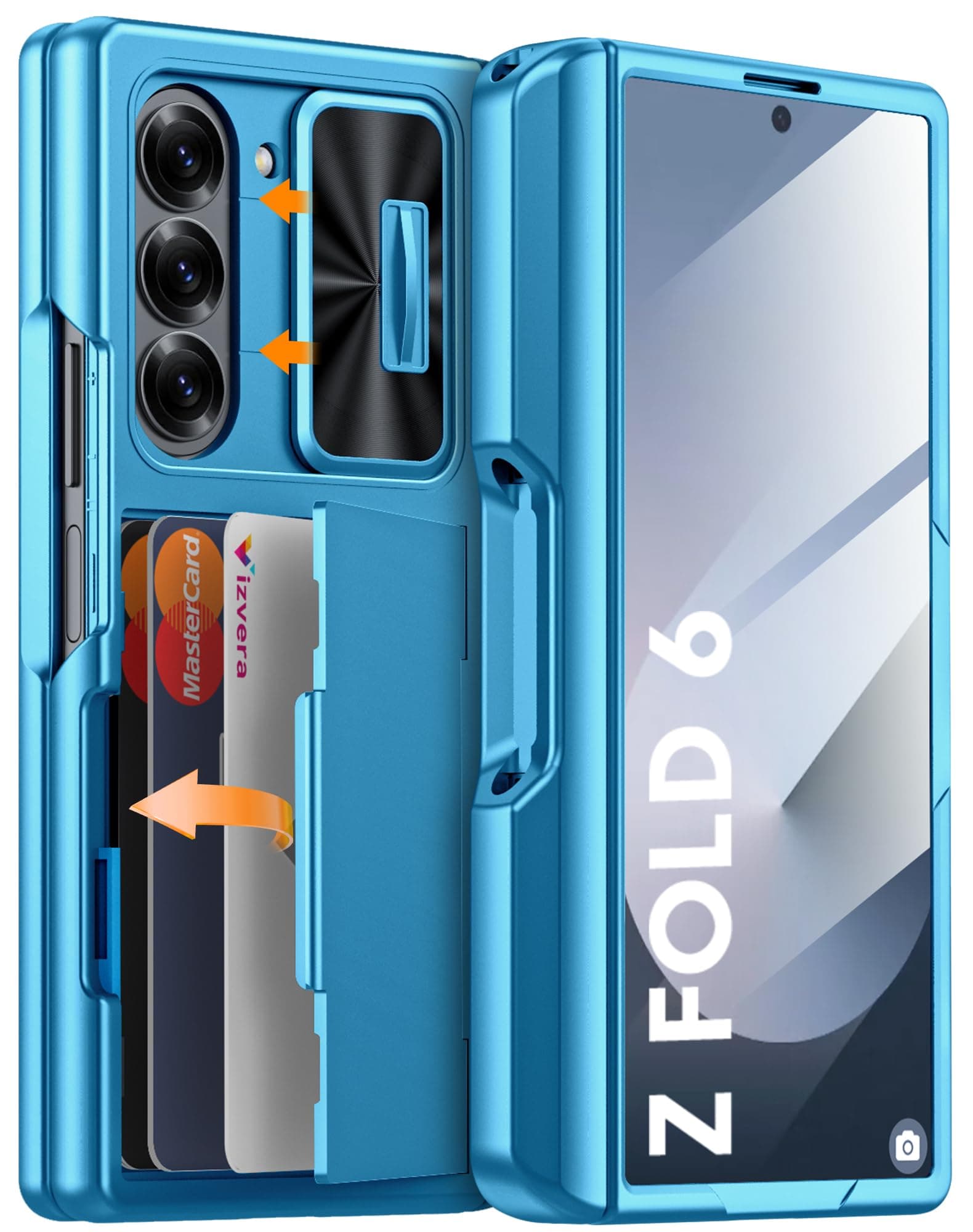 for Samsung Galaxy Z Fold 6 Case RFID Wallet with Cards Holder [S Pen Holder] [Camera Cover] Shockproof Silicone Protective Phone Case for Z Fold 6 2024-Lake Blue