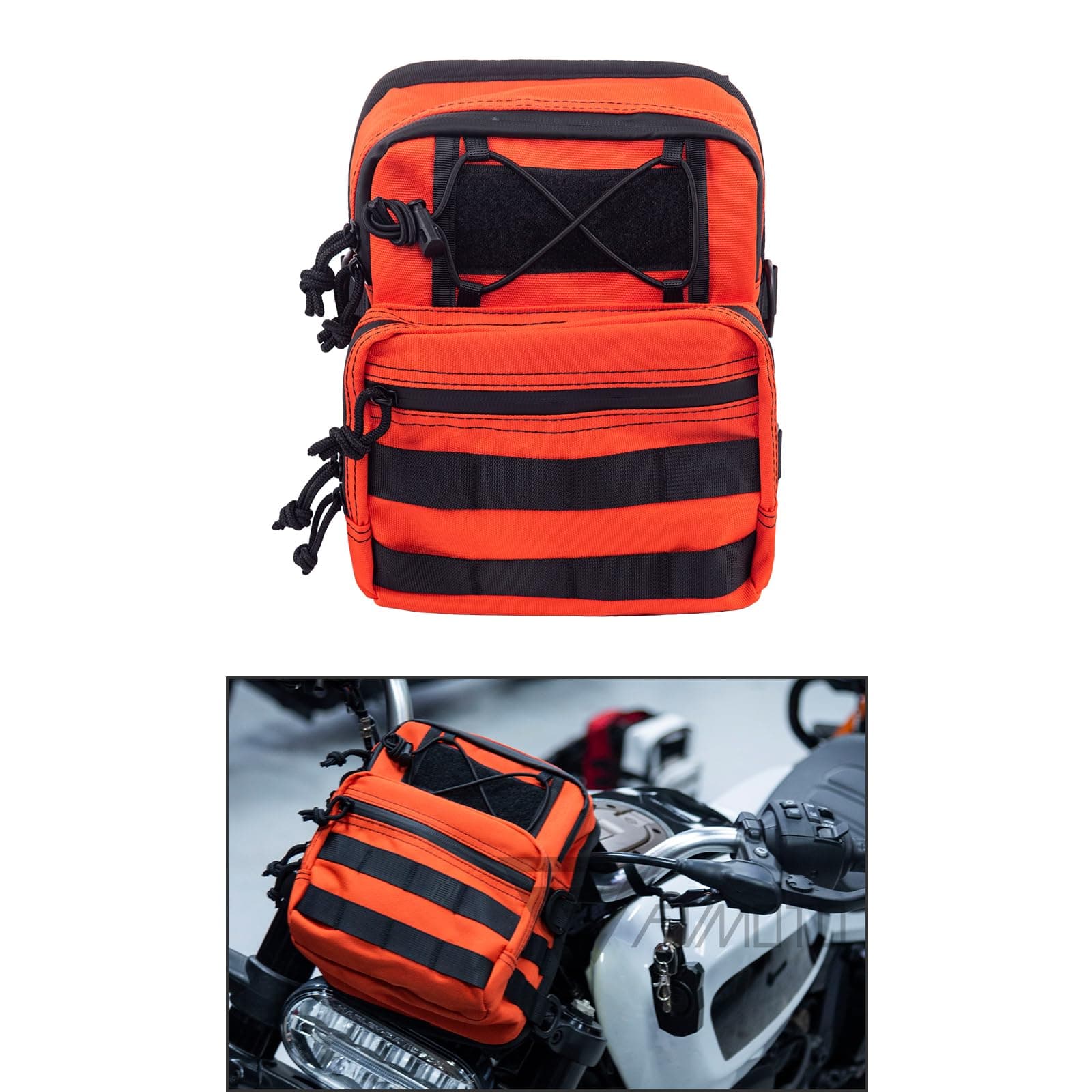 Motorcycle Universal Club Style Utility Molle Traveller Bar Handlebar T-Bar Bag Handle Bags, Fit For Harley Dyna Street Bob FXBB Softail Sportster, Tool Pouch Trunk Storage Bag, Ba-ja Orange