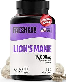 FreshCap Lions Mane Supplement Capsules 14,000mg - Lion's Mane Mushroom 14:1 Extract for Brain Support, Premium Ayurveda Organic LionsMane Mushroom for Memory, Focus & Clarity (180 Capsules)