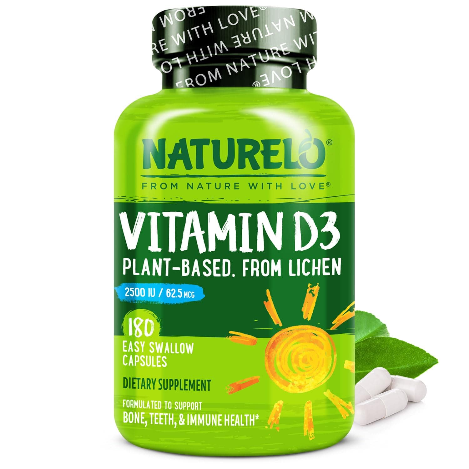 NATURELO Vitamin D - 2500 IU - Plant Based - from Lichen - Best Natural D3 Supplement for Immune System, Bone Support, Joint Health - Whole Food - Vegan - Non-GMO - Gluten Free - 180 Capsules