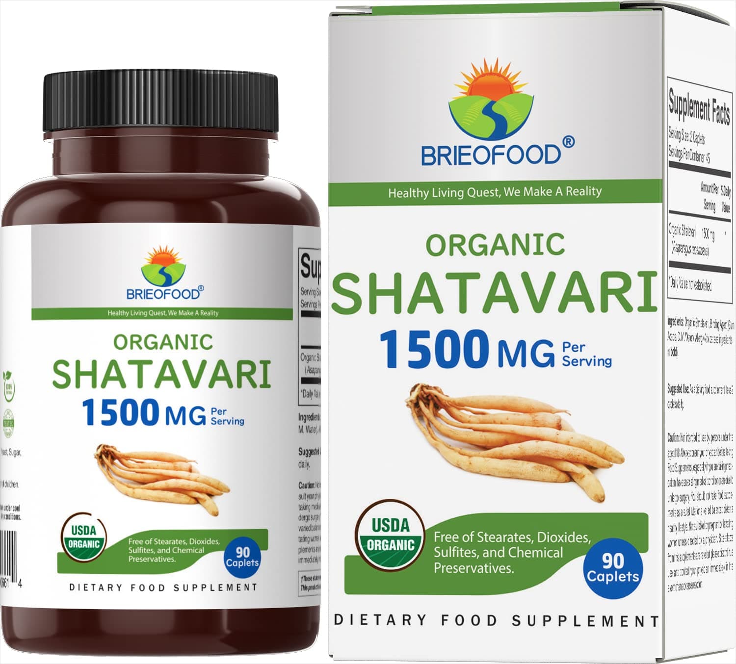 Brieofood Organic Shatavari 1500mg, 45 Servings, Vegetarian, Gluten Free, 90 Vegetarian Tablets