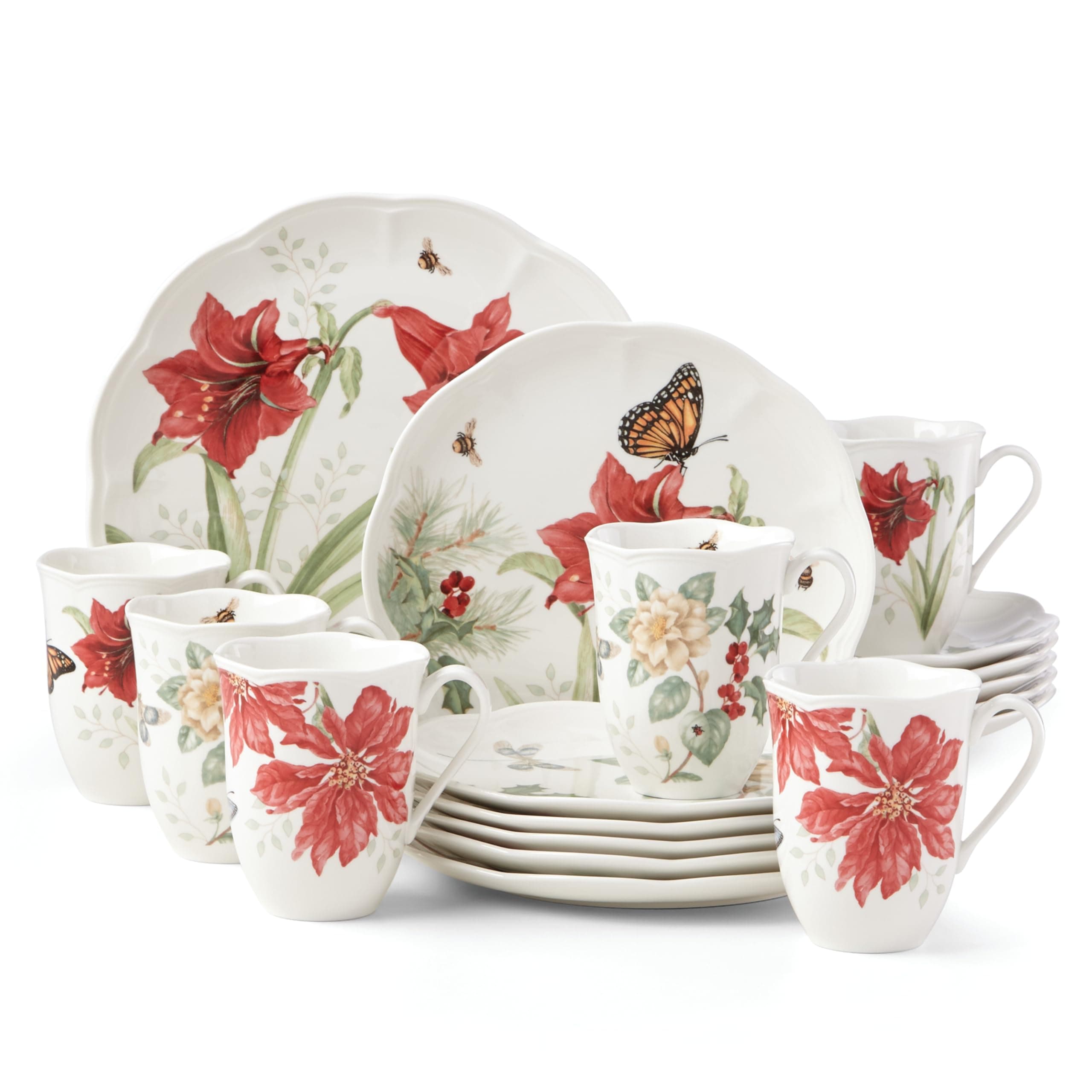 Butterfly Meadow 18-Piece 20lb Dinnerware Set, Red and Green