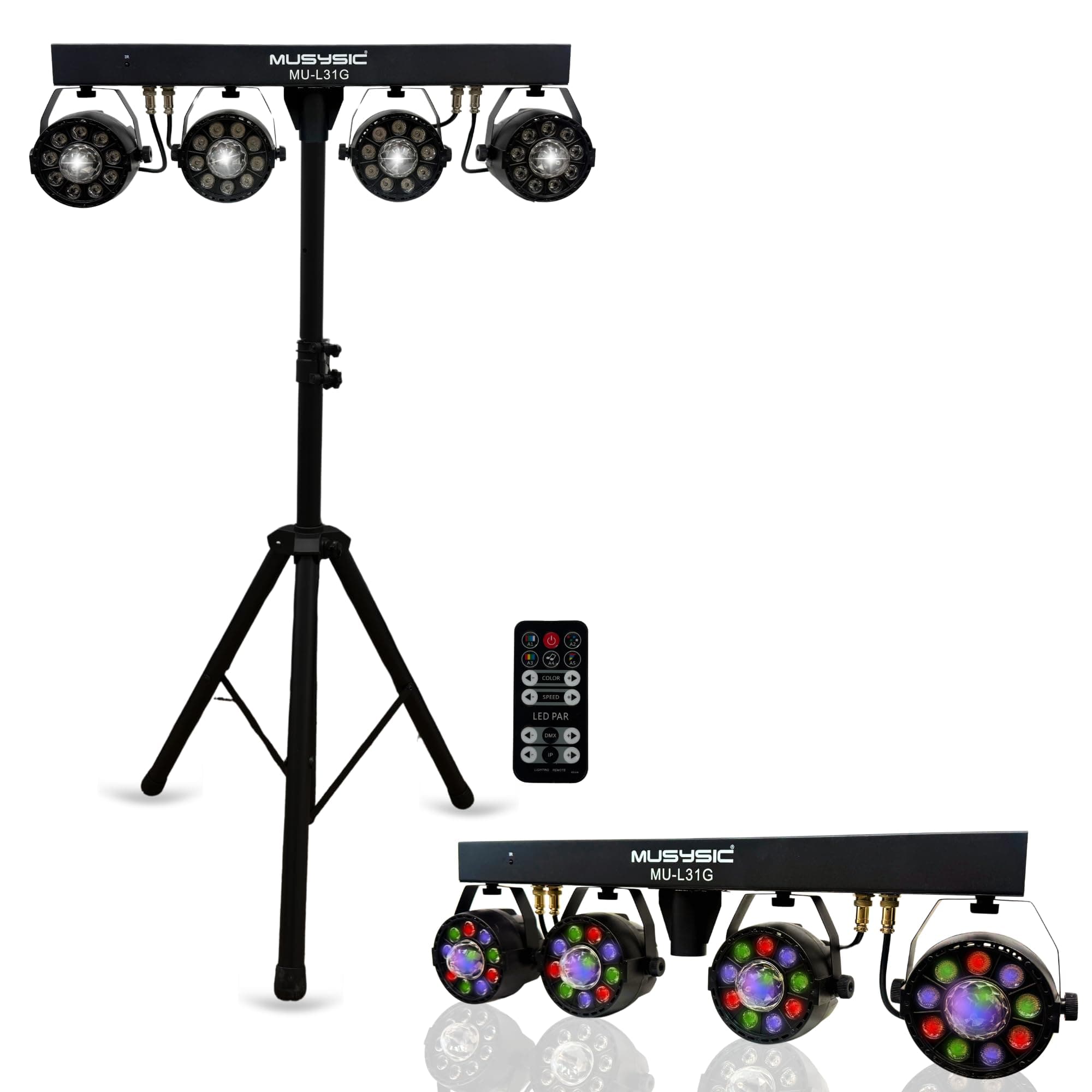 MUSYSIC LED Light Show Kit–, 4 Par Powerhouse GigBar for Parties-Lighting Package with Light Stand-LED Bar & Party Shining, Floor Stand, Concerts & Stage- | DJ Lighting and Spotlight-MU-L31G