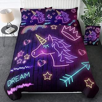 Sleepwish Unicorn King Bedding Set Neon Unicorn Bed Set for Kids Girls Boys 3 Piece Purple Turquoise Pink Unicorn Bedspread (King)