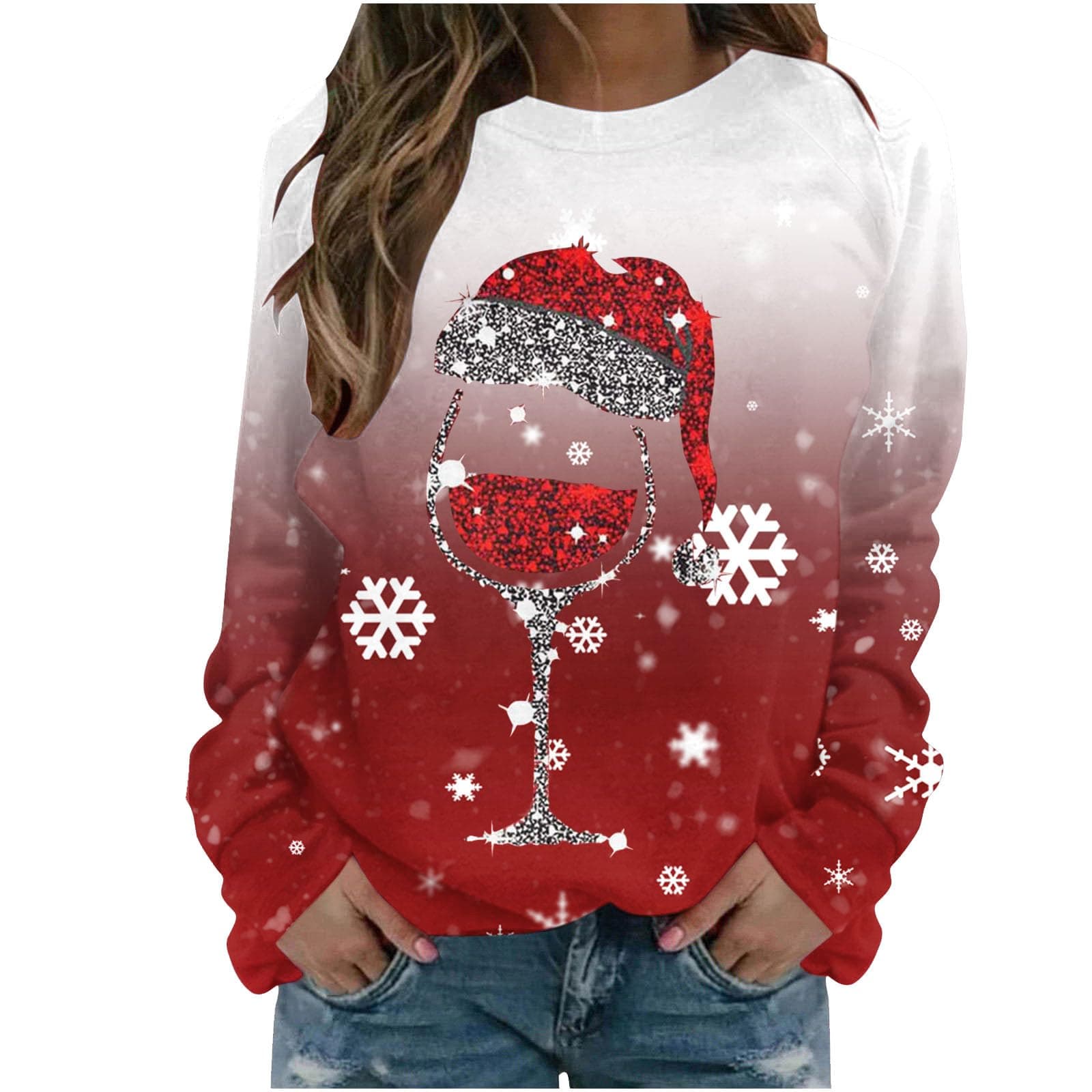 GenericLong Sleeve Christmas Sweaters for Women Red Patchwork Sparkly Rhinestone Santa Wine Glass Graphic Cute Tshirts Top