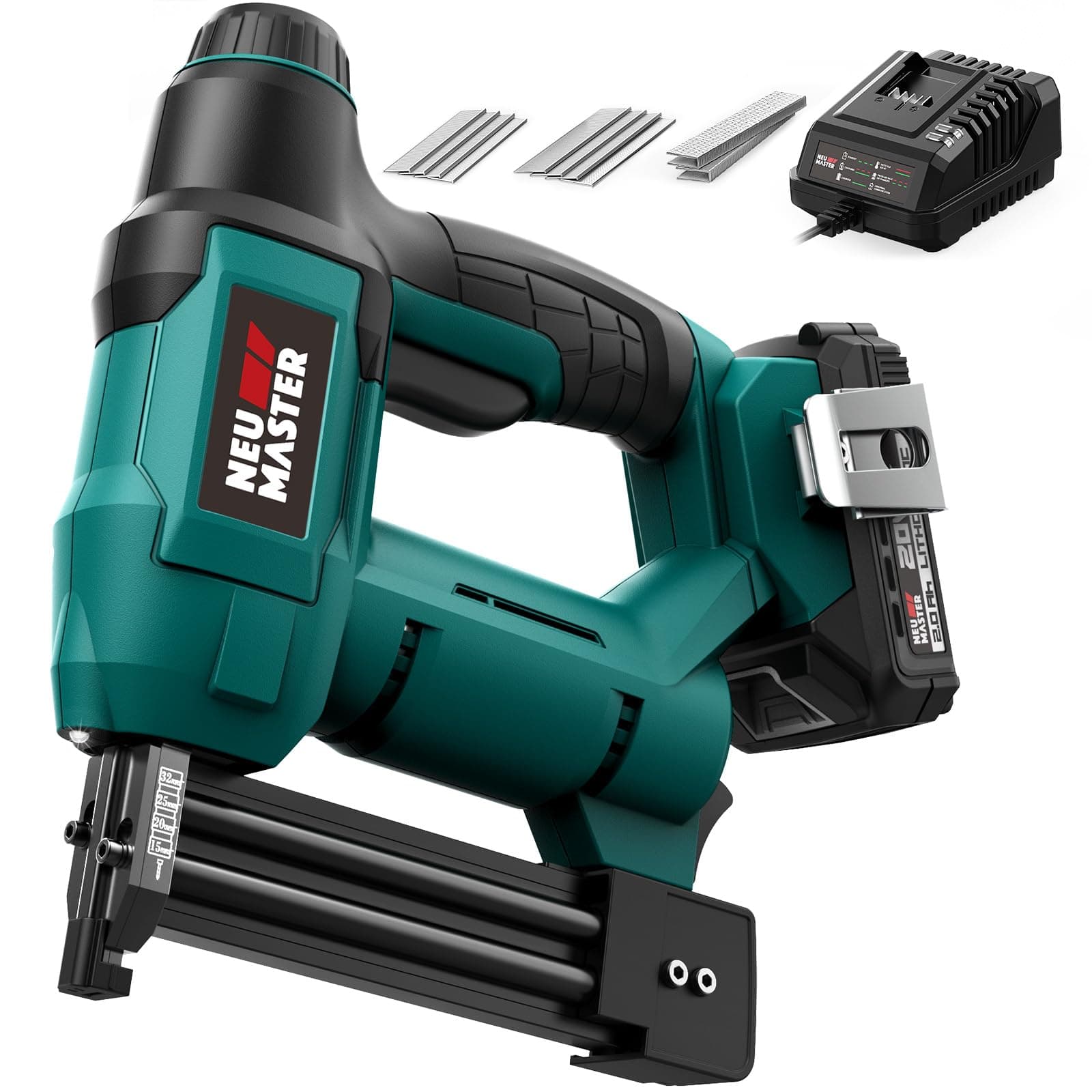 NEU MASTER Nail Gun Cordless with Battery Powered - 18 Gauge 2 in 1 Brad Nailer/Staple Gun, 20V Max. 2.0Ah Battery & Charger, 800 Nails & 200 Staples Included