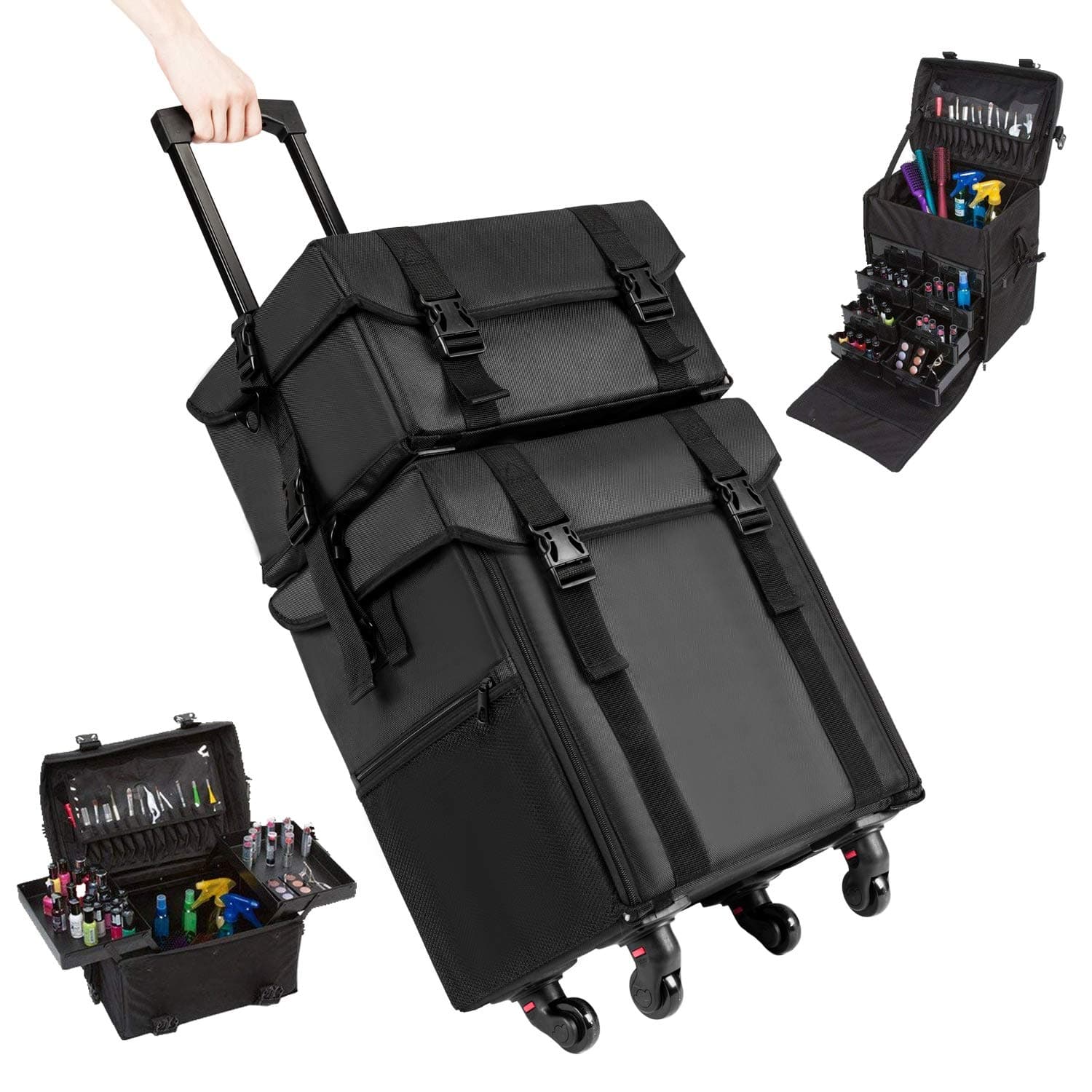 Goujxcy Rolling Makeup Case,2-in-1 Nylon Makeup Case Soft with Wheels Travel Cosmetic Cases Detachable Professional Rolling Trolley Makeup Travel Case Oxford Vanity Portable Makeup Organizer Box