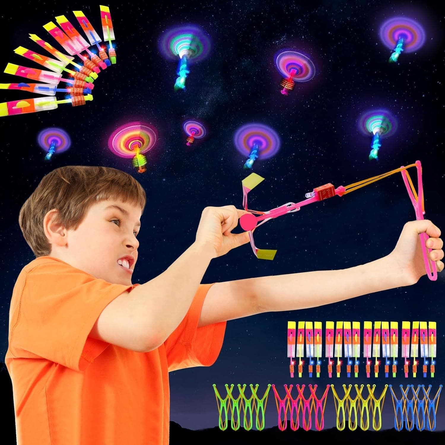 16PCS Helicopter Slingshot Toy, Light Up Flying Toys Easter Party Bags Fillers Copters Arrow Rocket Launcher Outdoor Toys for Boys Kids Birthday Party Return Gifts for Easter Basket Stuffers