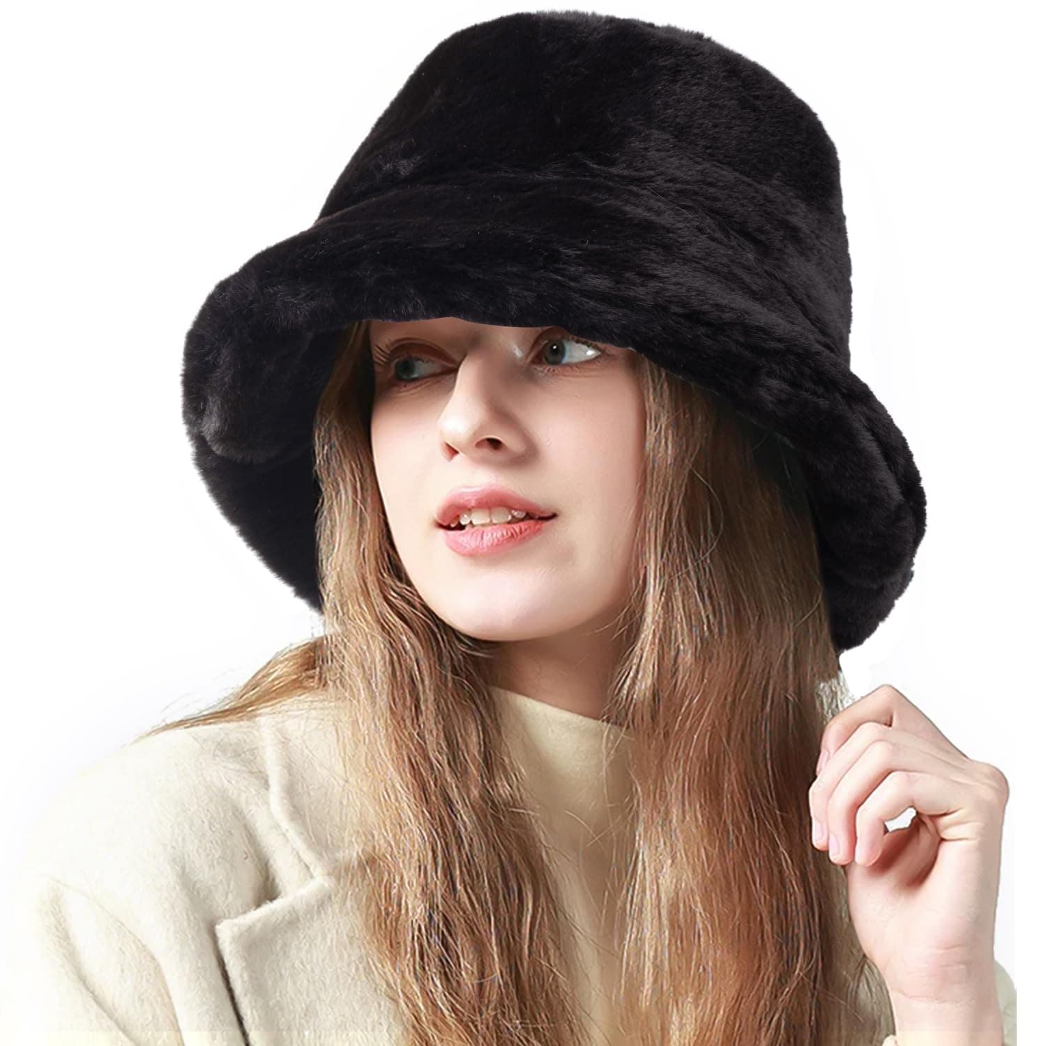 OCTEENOCTEEN Fluffy Faux Fur Bucket Hat Winter Warm Hat for Women Men