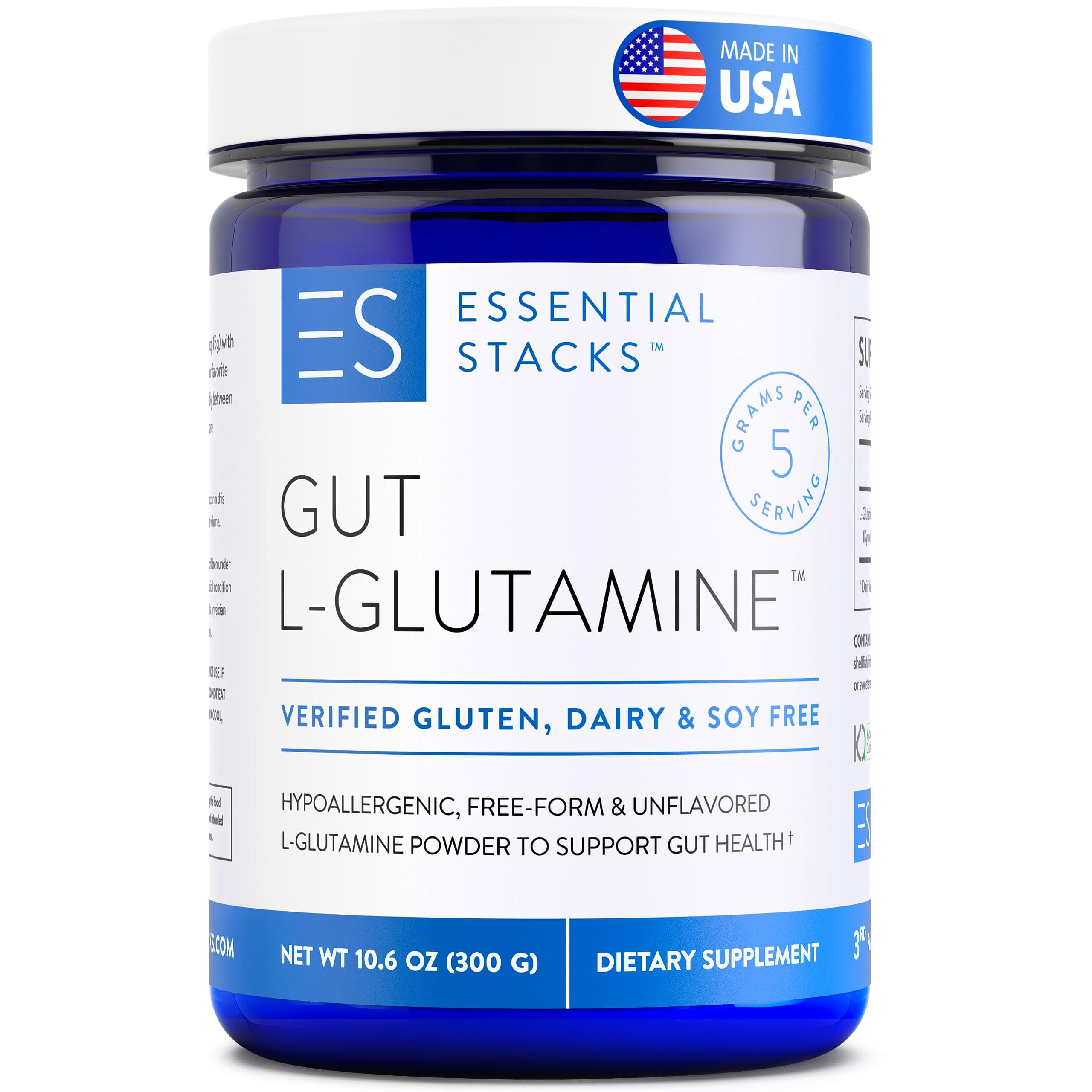 Essential Stacks Gut L-Glutamine Powder - Exclusively Made in USA - Pure L Glutamine Powder for Gut Health (60 Servings, Unflavored)