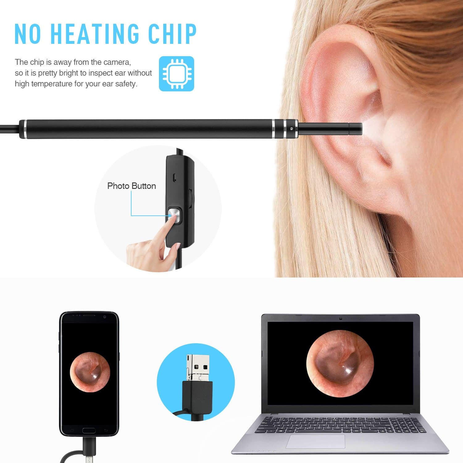 USB Otoscope Camera Digital Ear Scope Ear Inspection Camera with 6 LED Lights for Micro USB & USB-C Android Devices, Windows PC Computer-Black