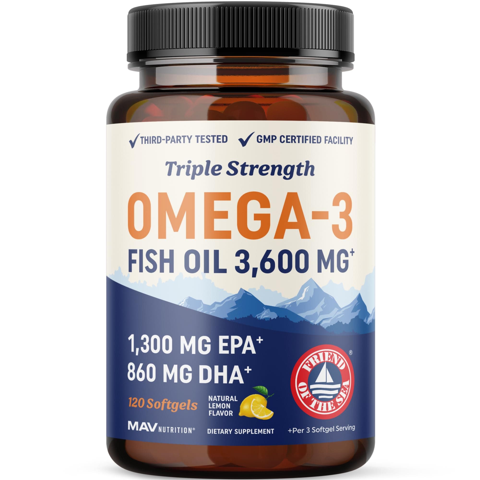 Premium Fish Oil Omega 3 - Max Potency - 3,600mg + 1,296mg Epa + 864mg DHA + Immune Support + Heart & Brain Health + Joint & Skin Support + Burpless + Natural Lemon Flavor, 120 Capsules per Serving