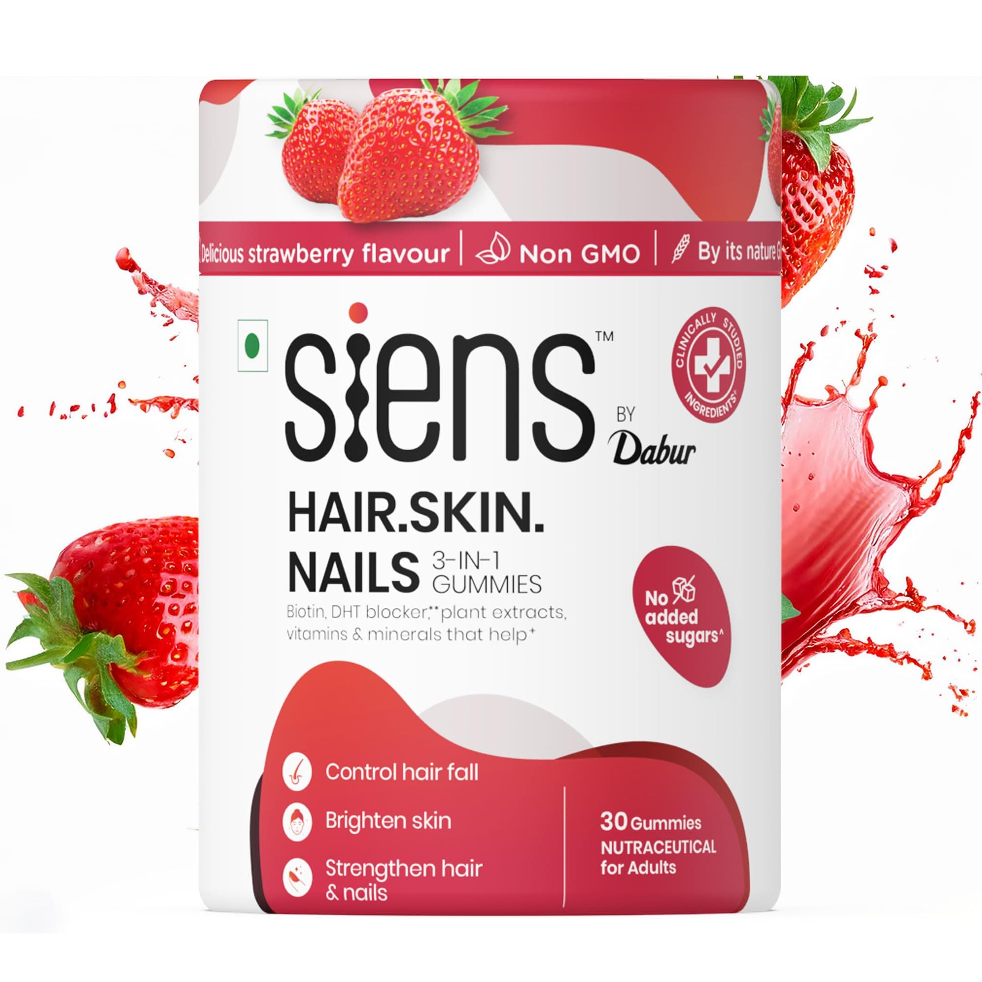 - Siens By Dabur Hair, Skin & Nails (3 in 1 Gummies) - 30 pieces | Enriched with Biotin, DHT Blocker, Plant Extracts, Vitamins & Minerals | Brightens Skin, Control Hairfall, Strengthens Hair & Nails