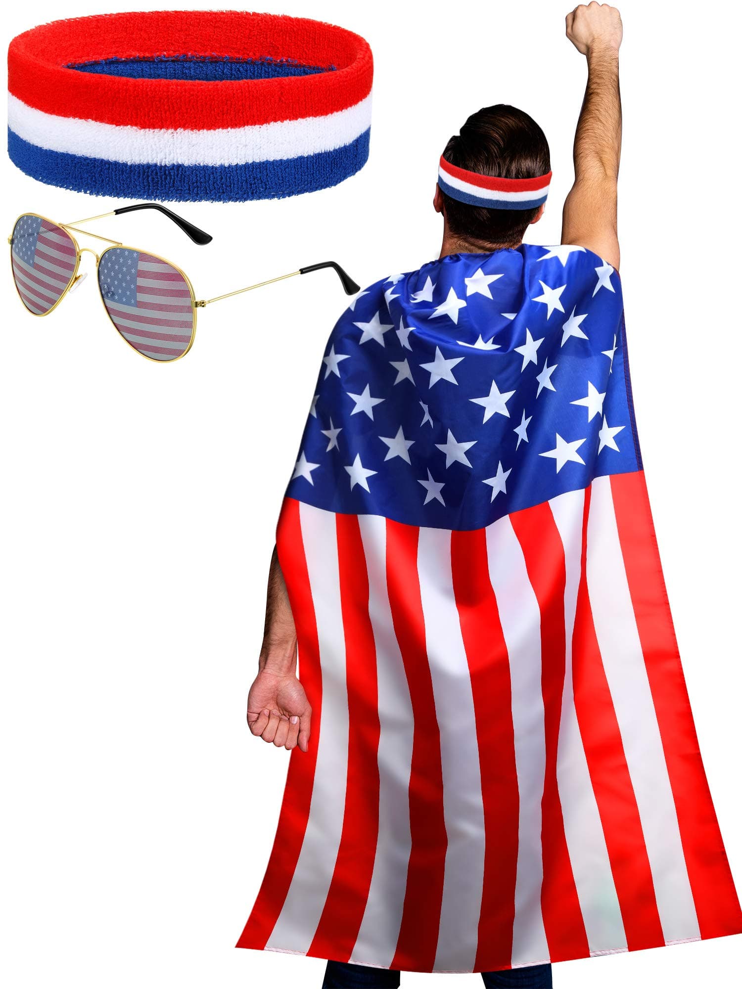 250 Year American Flag Costume Cape, Retro 80's USA Sunglasses and Flag Headband for 250th Anniversary 4th of July