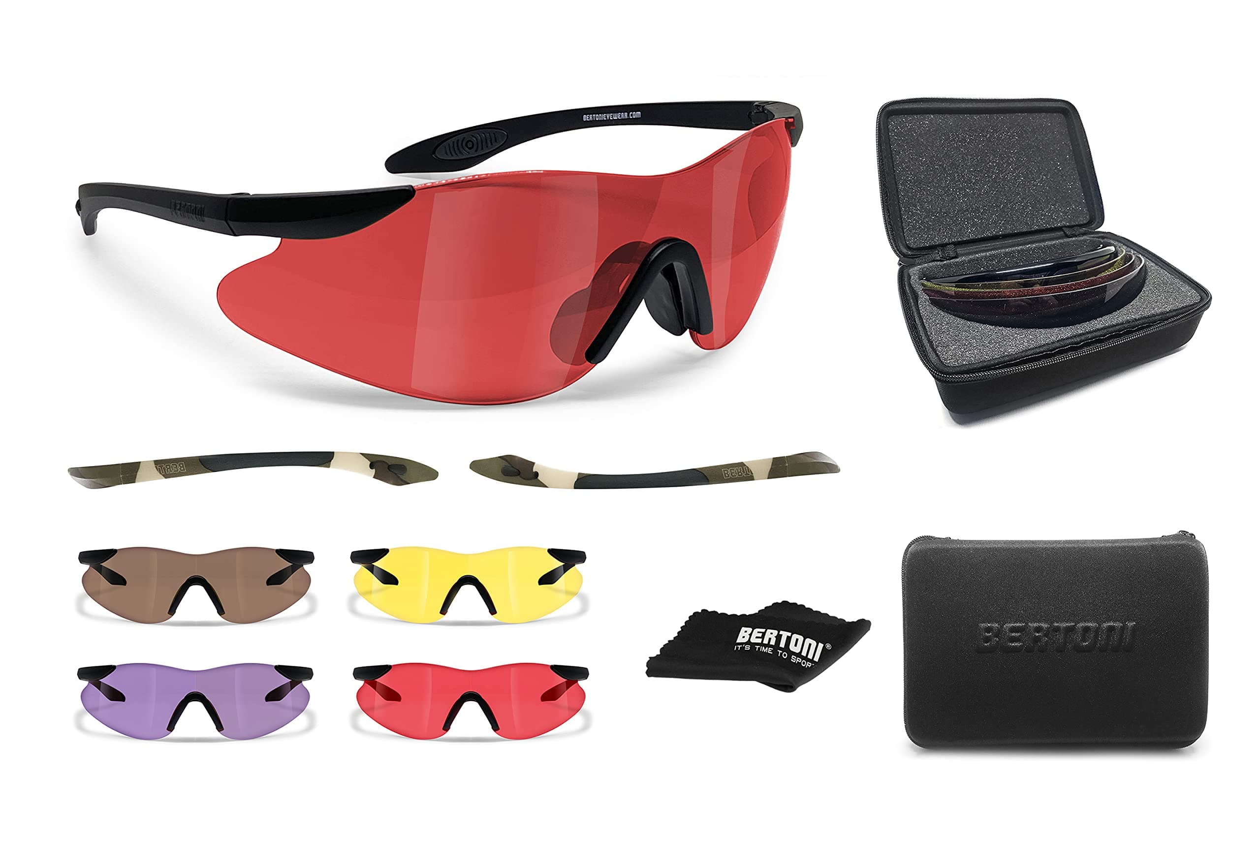 Bertoni Shooting Glasses with 4 Interchangeable AntiFog Lenses Carrying Case and Additional Arms – SH890 Italy Tactical Protective Trap Safety Glasses