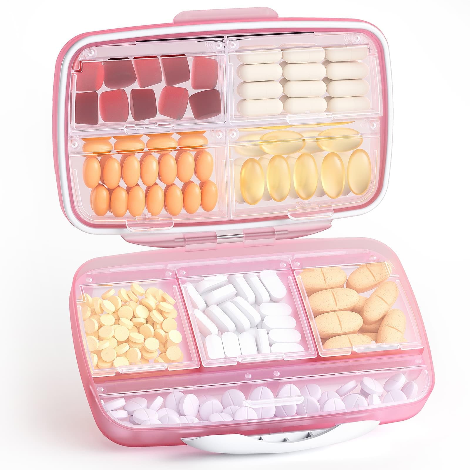 Barhon Large Pill Organizer with 8 Compartments, Large Pocket Pharmacy Travel Pill Box Moisture-Proof, Portable Vitamin Organizer for Fish Oil & Supplements (Pink)