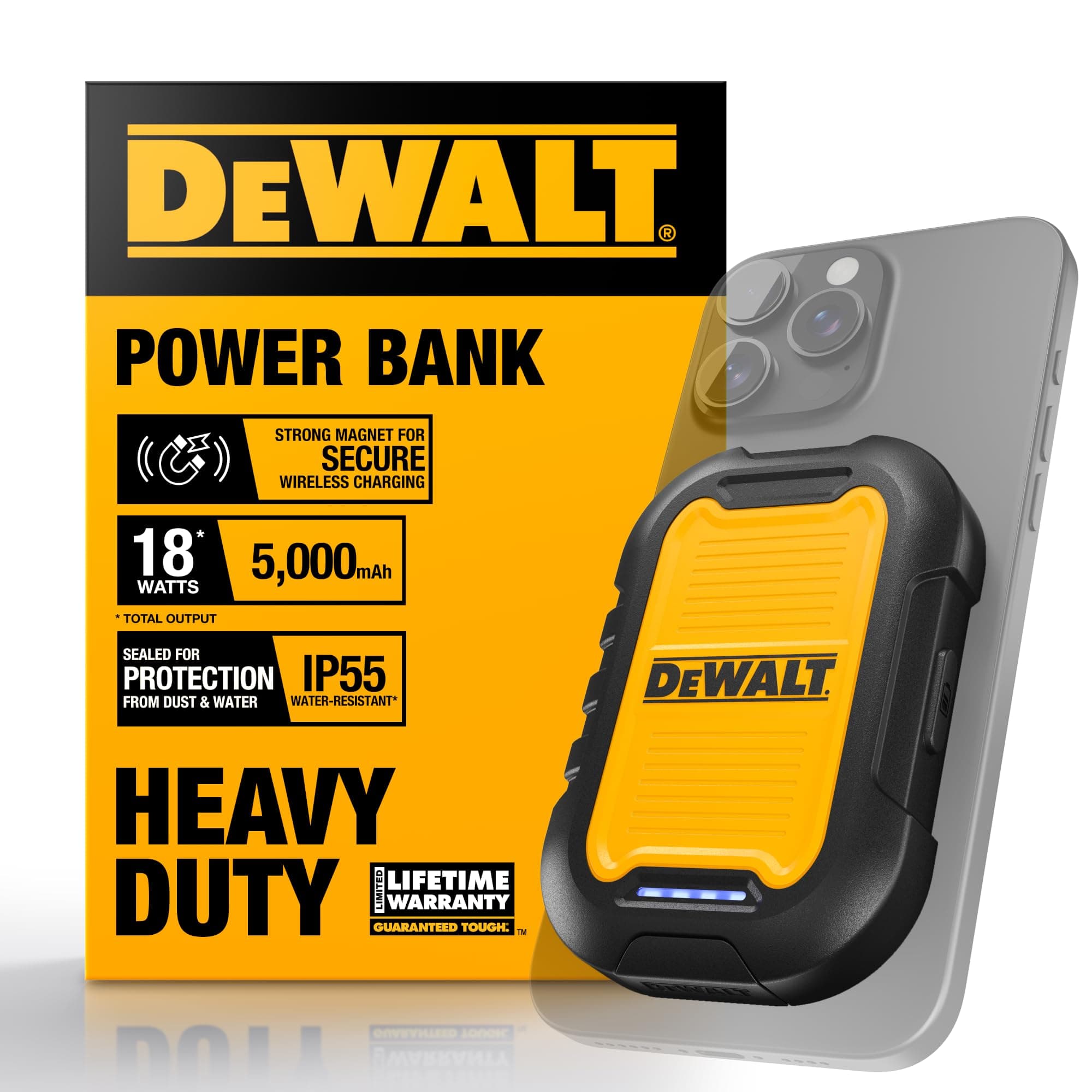 DEWALT Heavy Duty Magnetic Power Bank 5,000mAh, Rugged Wireless Portable Charger, 18W Fast Charging Battery Pack, USB-C to C w/USB Adapter Cable 4', Water Resistant, Works w/Magsafe iPhone 16/15/14