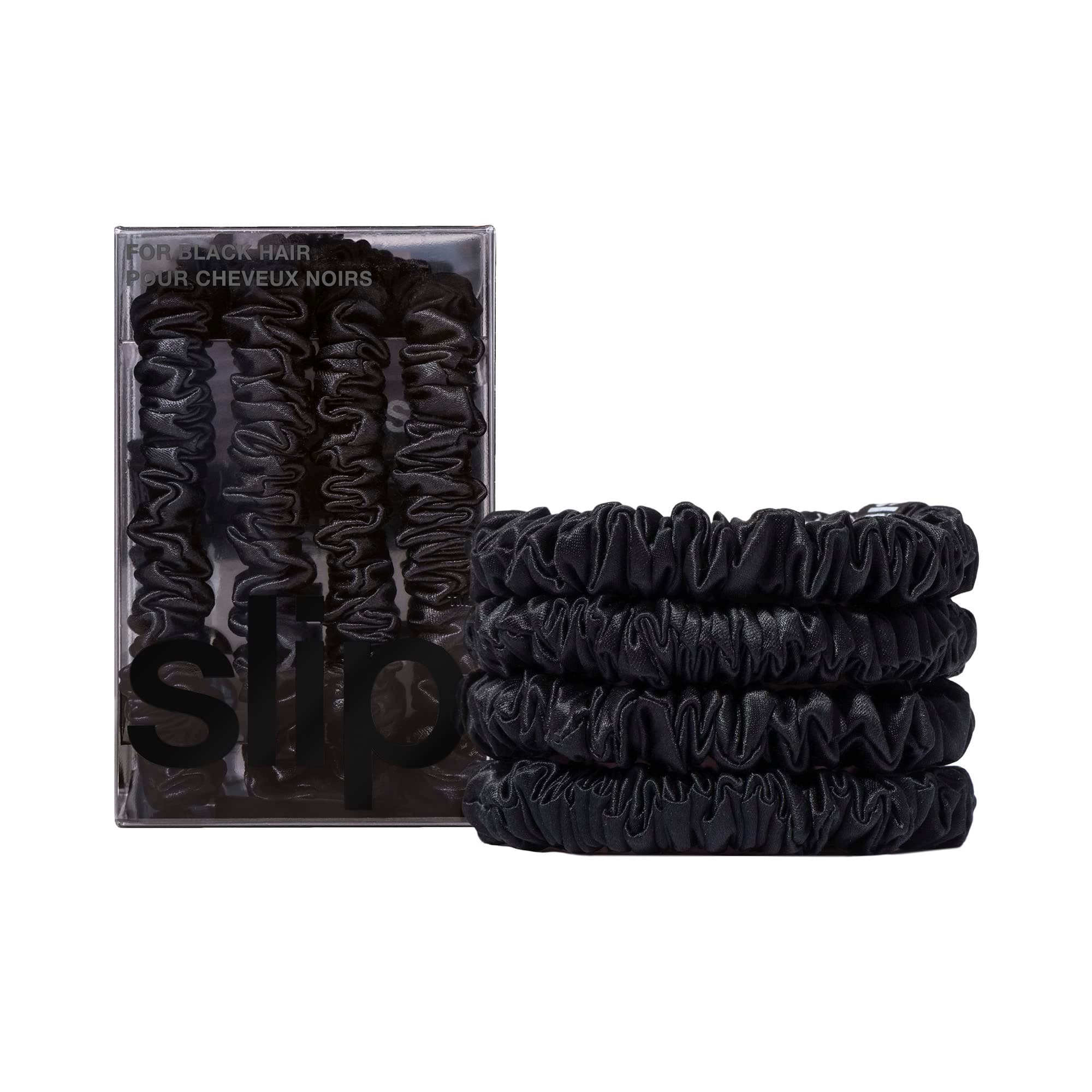 - Silk Skinny Scrunchies - Black | Set of 4 Skinny Scrunchies | 100% Mulberry Silk, Anti-Crease, Gentle on Hair, Reduces Breakage | Stylish & Durable, Ideal for All Hair Types