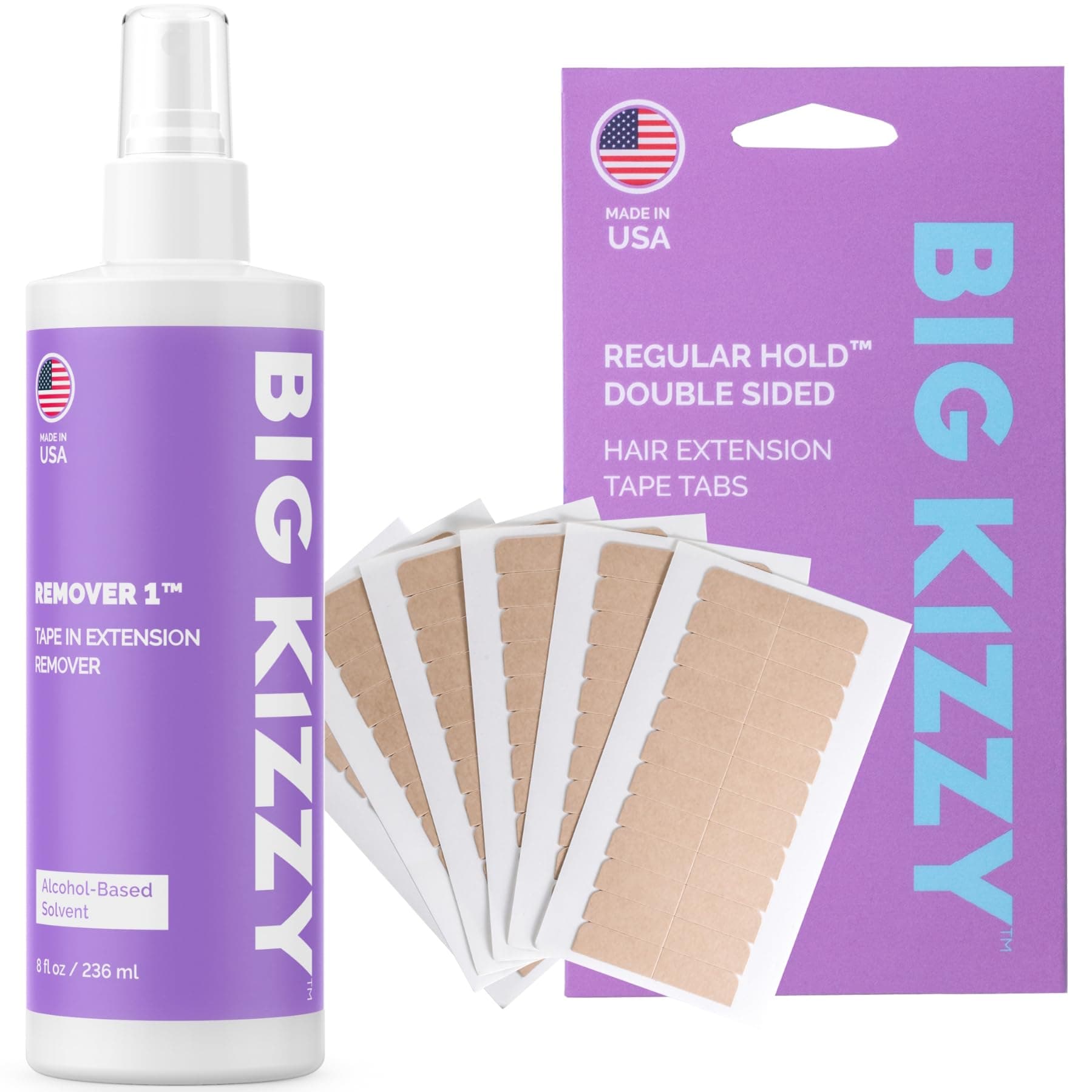 Big Kizzy 8oz Tape Ins Hair Extension Remover Spray + 72 tabs Double Sided REGULAR Hold Hair Extension Replacement Tape , Professional Quality and Easy to use instructions