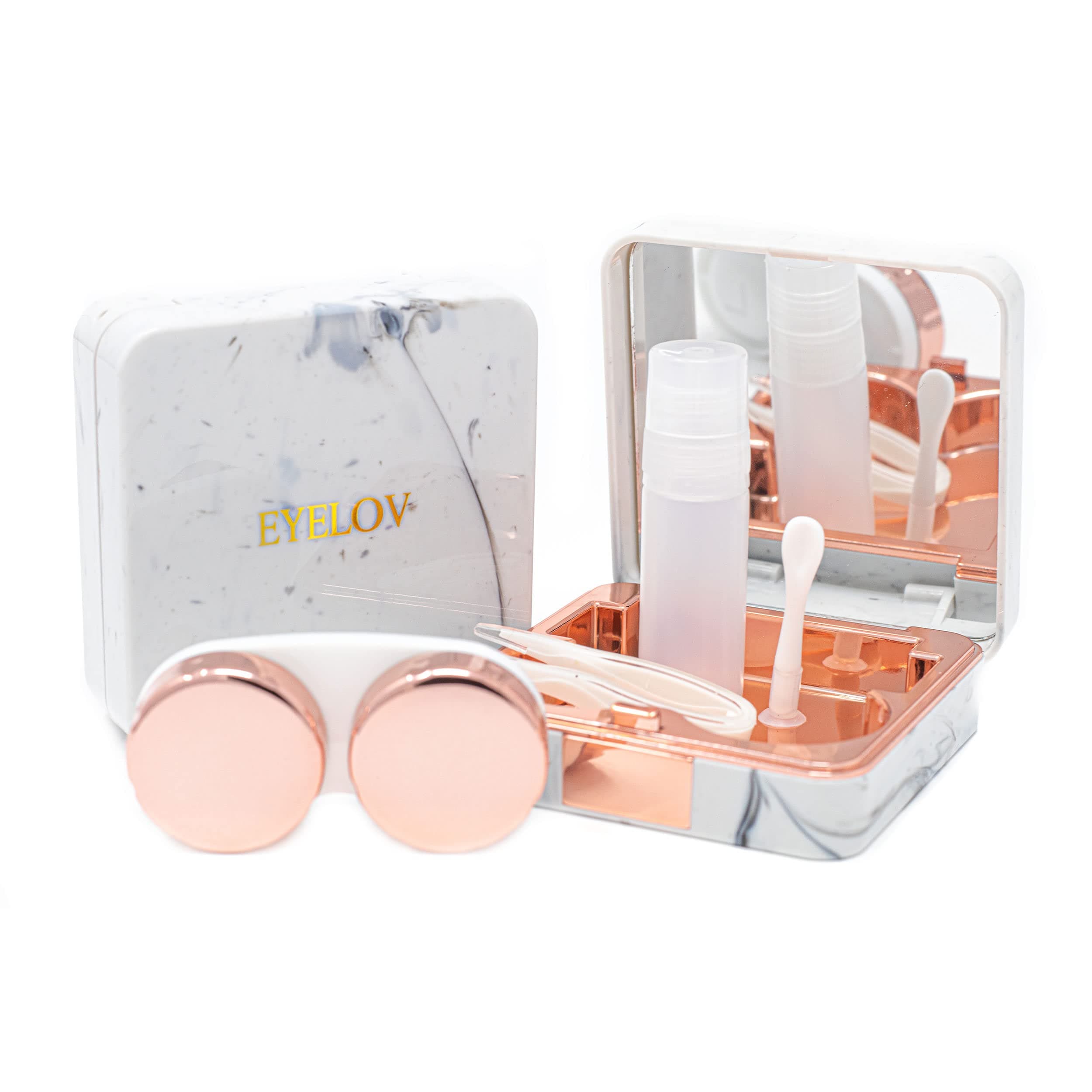 EYELOV Travel Case, Cute Marble Mini Contact Lens Kit Holder Container Includes Contact Lens Remover Tool with Bottle and Tweezers (Rose Gold)