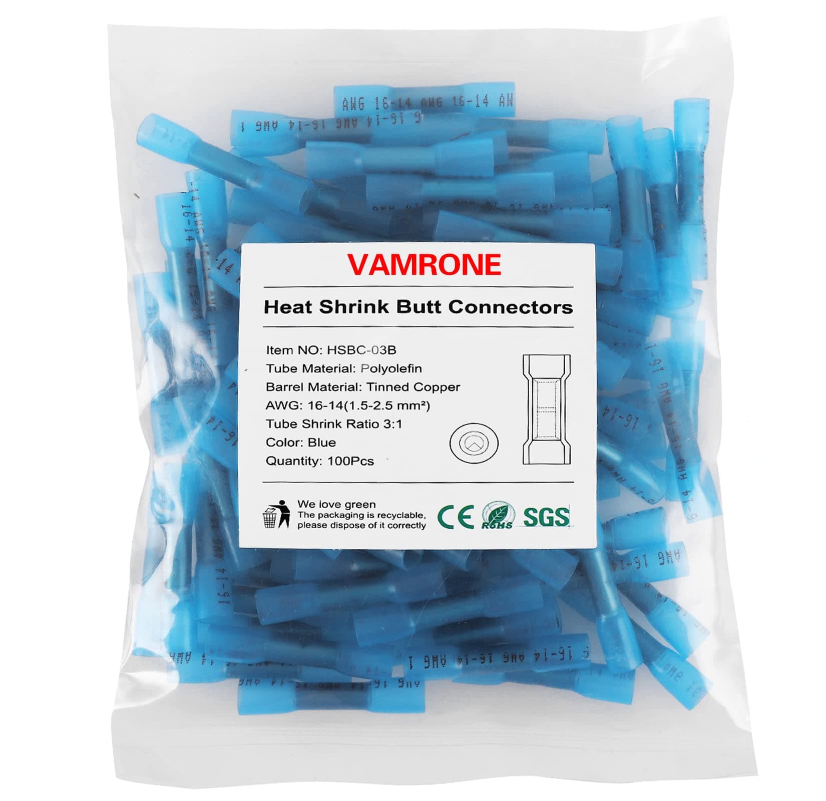 Heat Shrink Butt Wire Connectors, 100Pcs 16-14 AWG Blue Insulated Waterproof Electrical Wire Connectors Automotive Marine Grade Wire Crimp Terminals Butt Splices, Ideal for Boat, Truck, Stereo Blue