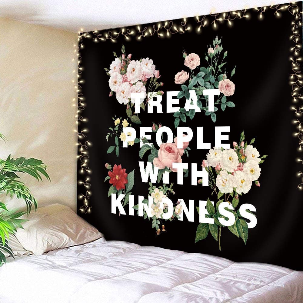 AMBZEK Harry Styles Tapestry Treat People with Kindness Black Quote Tapestry for Bedroom Aesthetic 51Hx59W Inch Tpwk Wall Art Inspirational Poster Boutique Men Wall Hanging Living Room Decor Fabric
