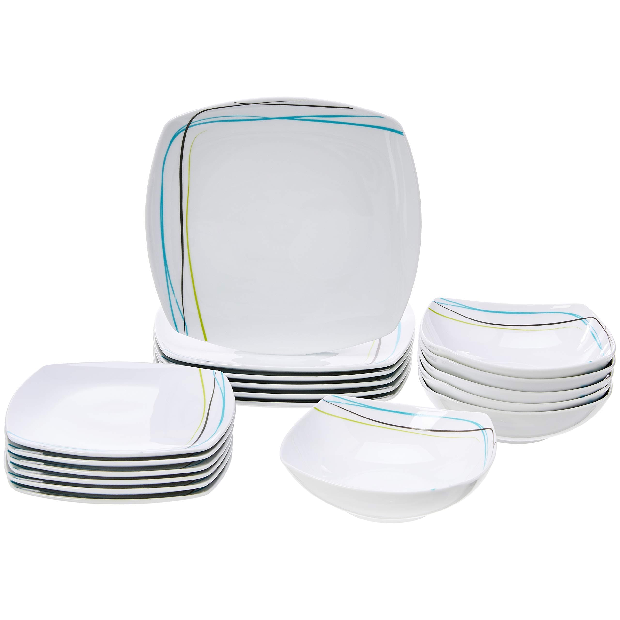 Amazon Basics 18-Piece Kitchen Dinnerware Set - Square Plates, Bowls, Service for 6 - Gray Soft Lines