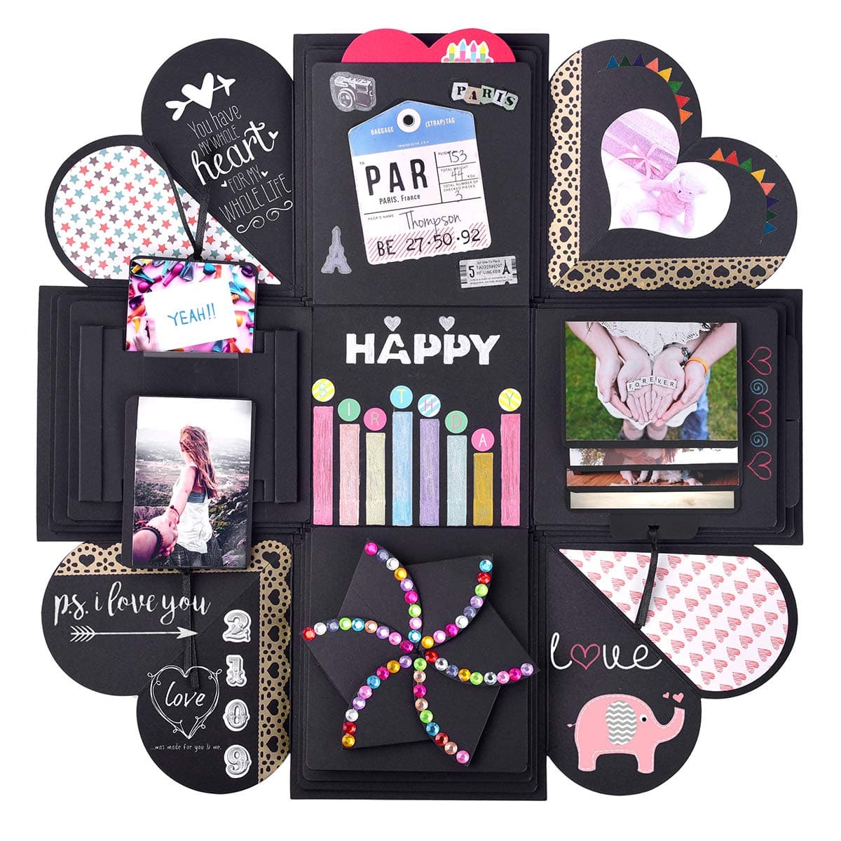 Explosion Gift Box Assembled Scrapbook Photo Album Box - Creative DIY Gift Ideas for Engagement, Wedding, Anniversary, Birthday, Valentine's Day, Proposal, Family (Black)