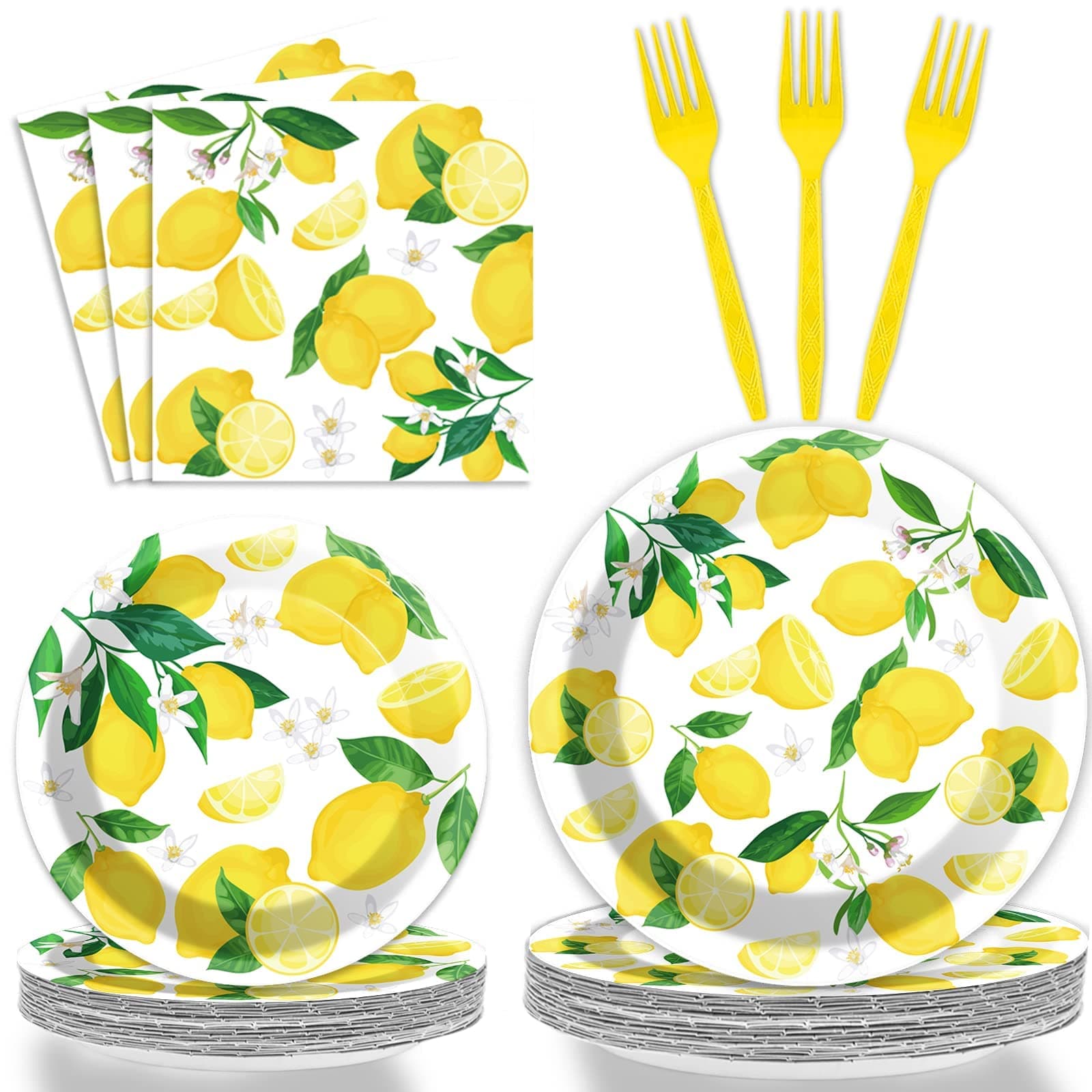 Wiooffen 96 Pcs Lemon Party Yellow Lemons Summer Party Decoration For Birthday Party Tableware Set Lemon Theme Party Paper Plate Napkin Fork 24 Guests