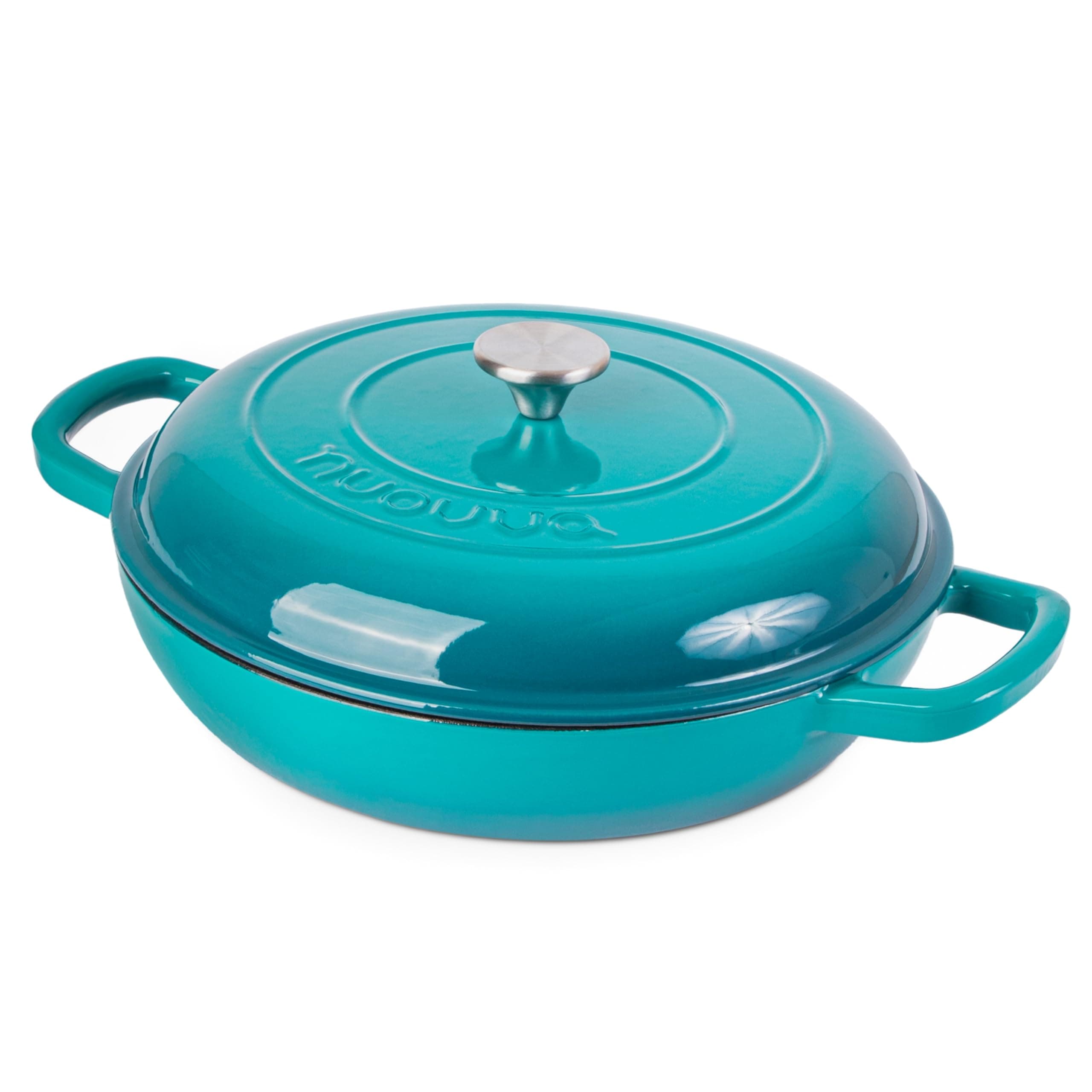 Cast Iron Dutch Oven with Lid – Non Stick Shallow Dutch Oven Pot, Oven Safe up to 500° F – Sturdy Cooking Pot – Enamelled Stockpot Cookware – Teal, 3.7-Quart, 30cm – by Nuovva