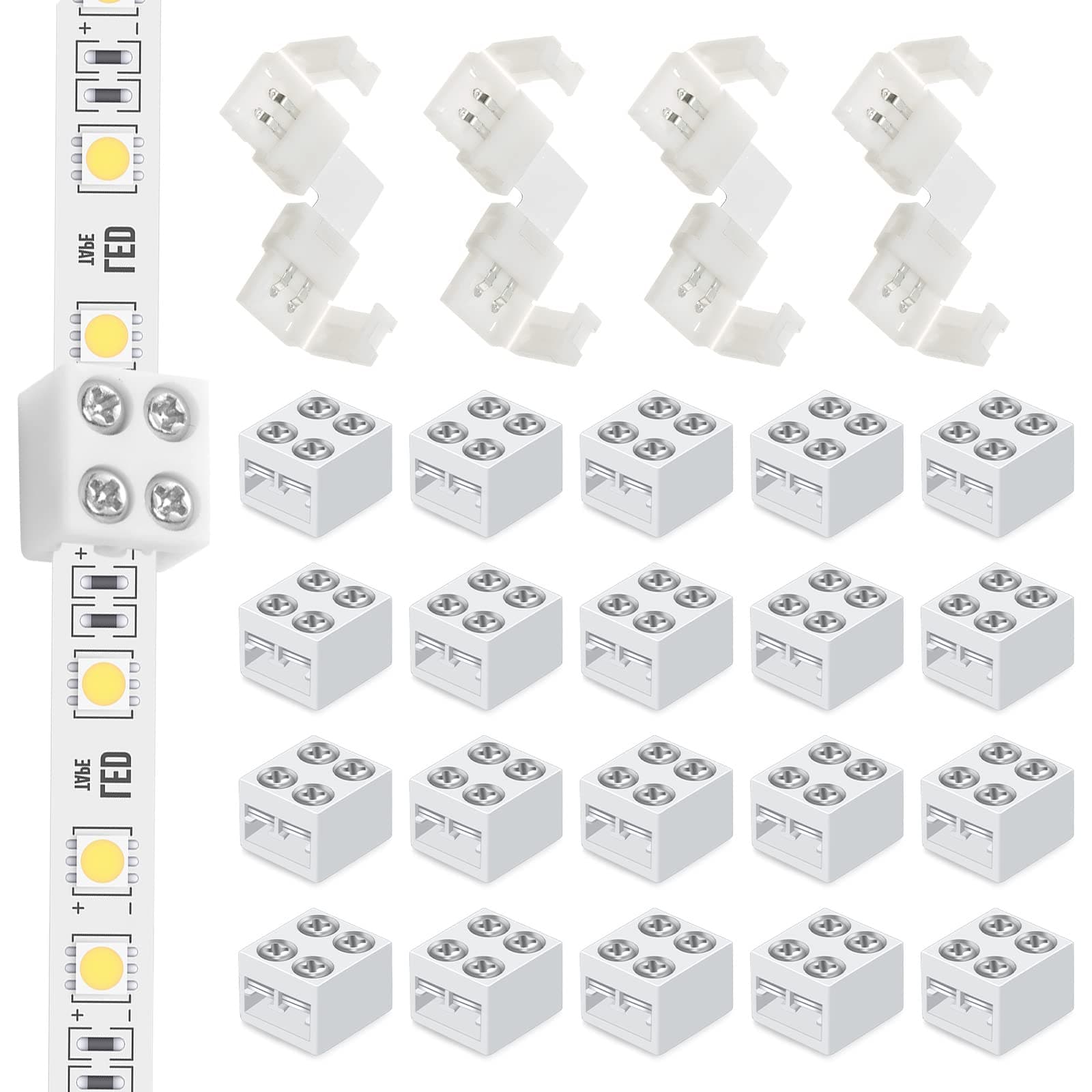 20 Pcs LED Tape Light Connectors 4 Pcs L Shape 2 Pin LED Connectors for Strip Lights Right Angle Terminal Block Solderless Adapter Screw Down 8mm Tape to Wire for 5V 12V 24V LED Strip Lights