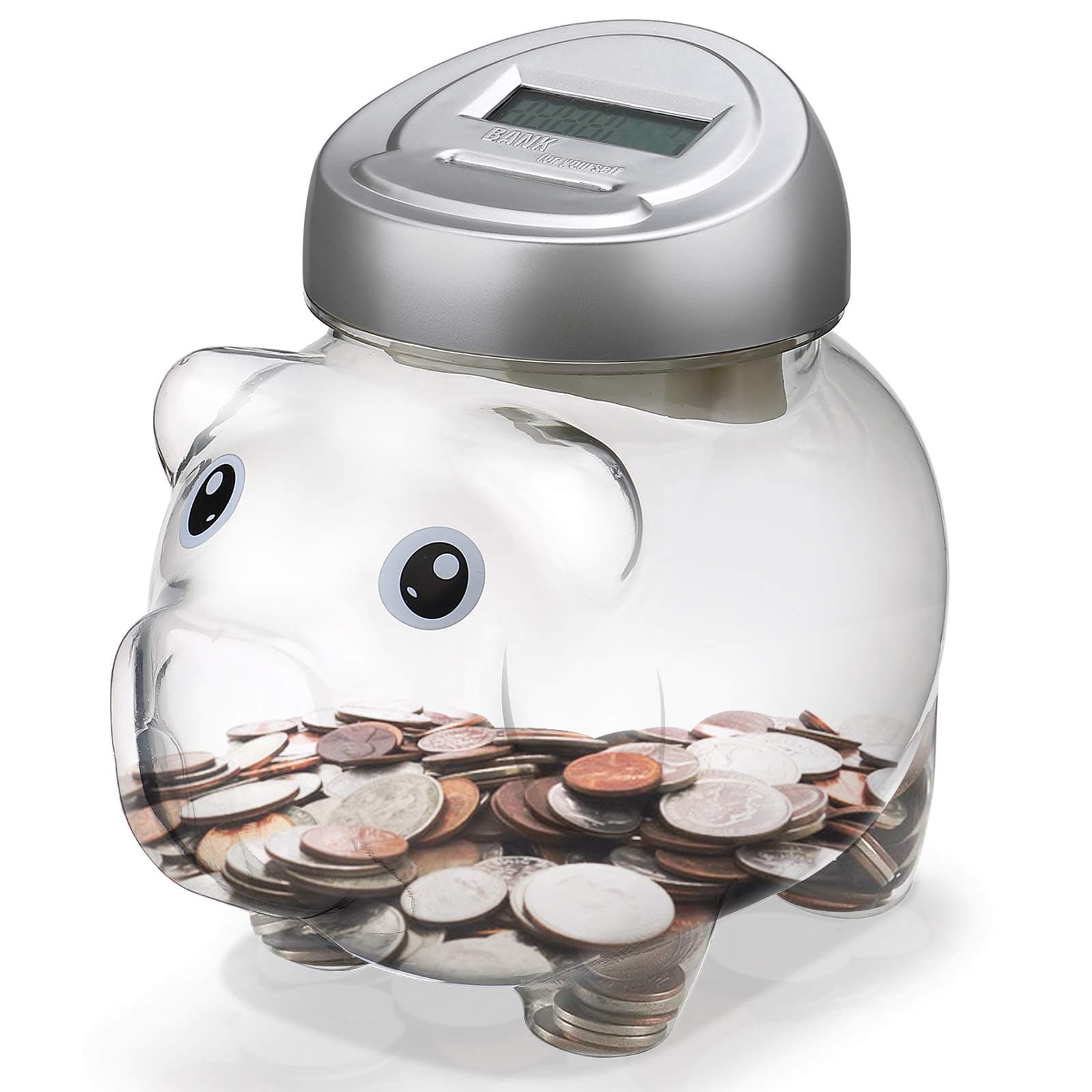 Younion Piggy Digital Coin Bank, Automatic Coin Counter Totals All U.S. Coins, Clear Money Saving Jar with LCD Display, Silver