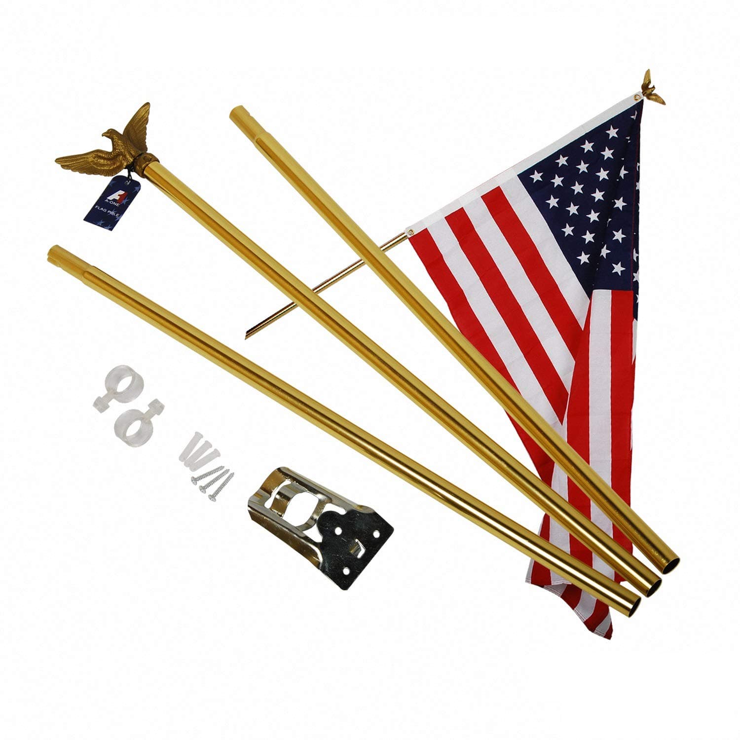 Anyow 6 FT Aluminum Flagpole 3-Sections Kit, American US Flag Pole with Golden Eagle Topper, Metal Bracket Free & Hardware for Outdoor Residential or Commercial Wall Mount, Rust-Proof, Golden