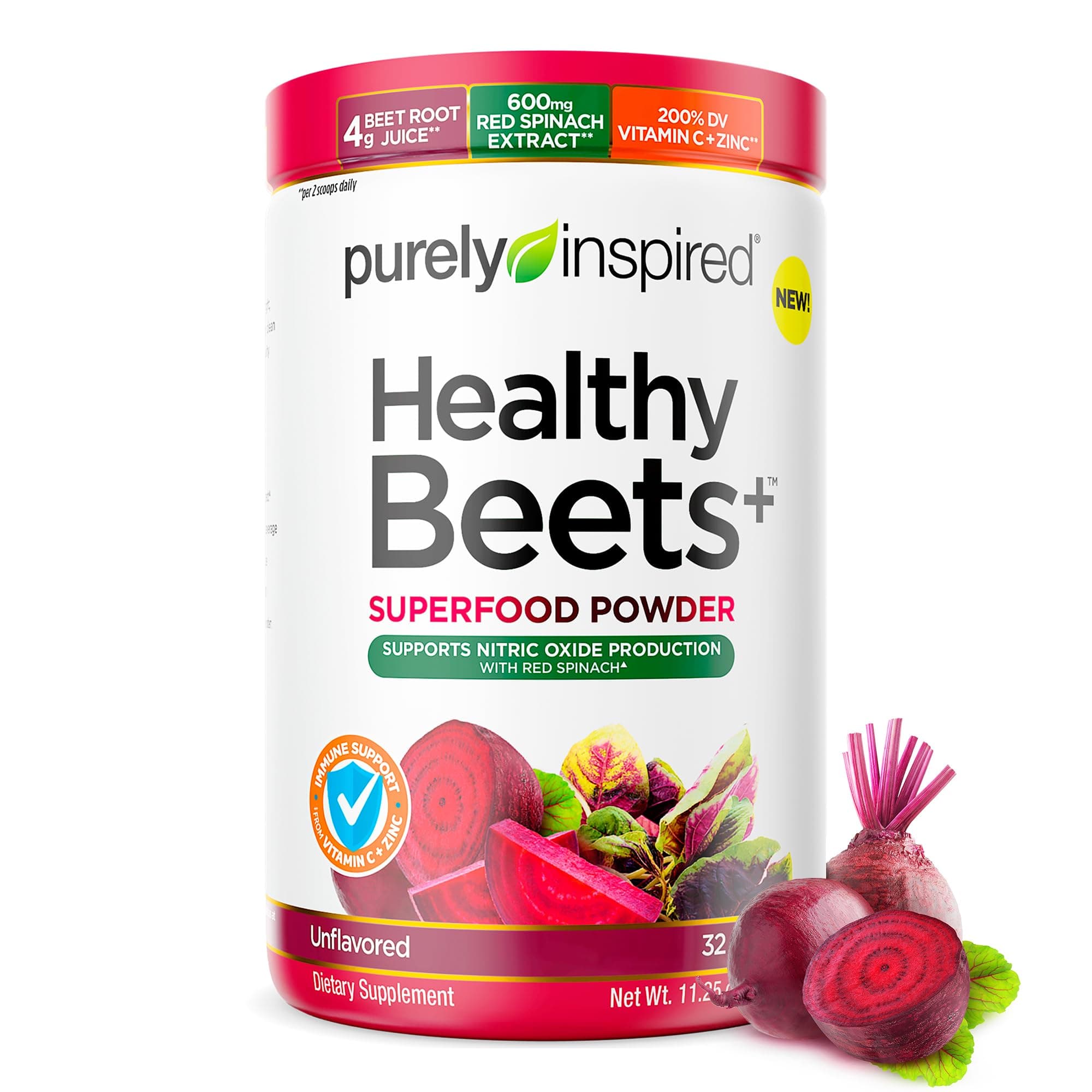 Purely Inspired Healthy Beets Superfood Powder, Unflavored - Super Beet Root Powder with Red Spinach Extract, Vitamin C & Zinc for Immune Support - Supports Nitric Oxide Production for Men & Women