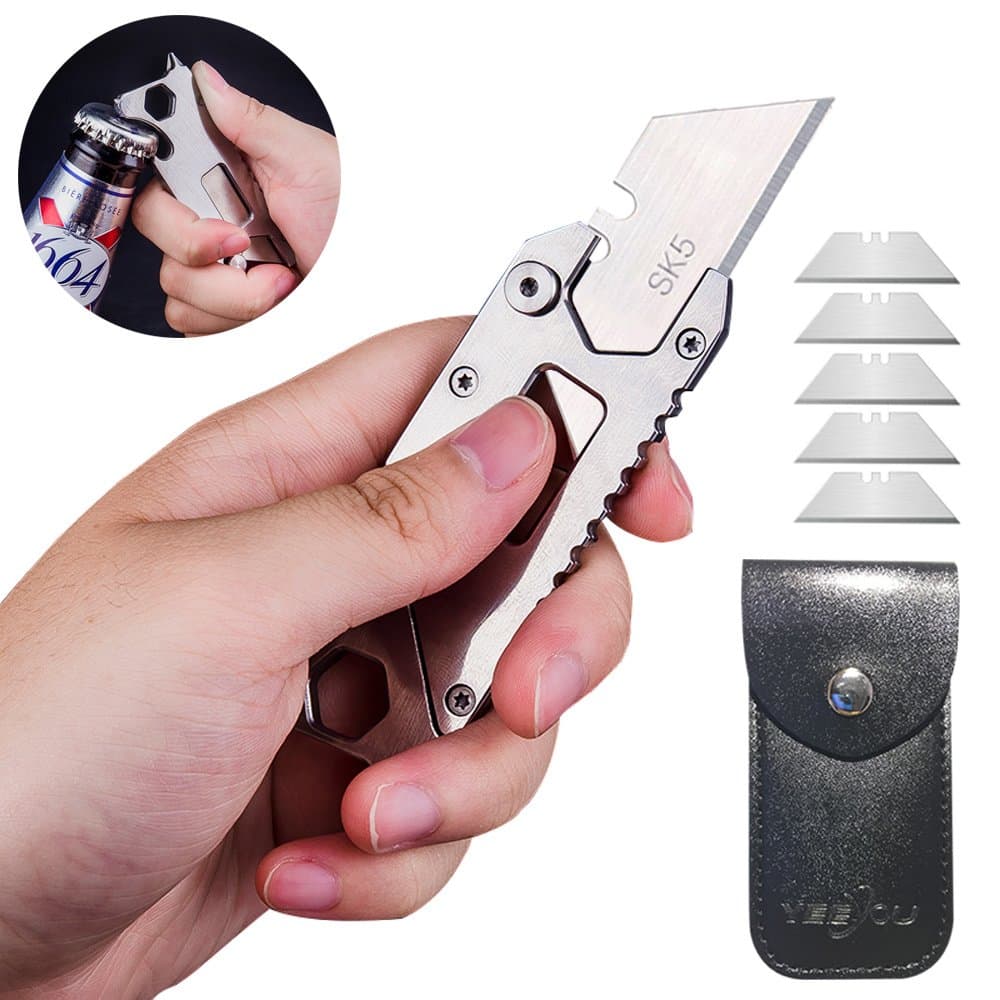 Pocket Knife Utility Knife Set 6-in-1 Box Cutter/Bottle Opener/Screwdriver, Silver